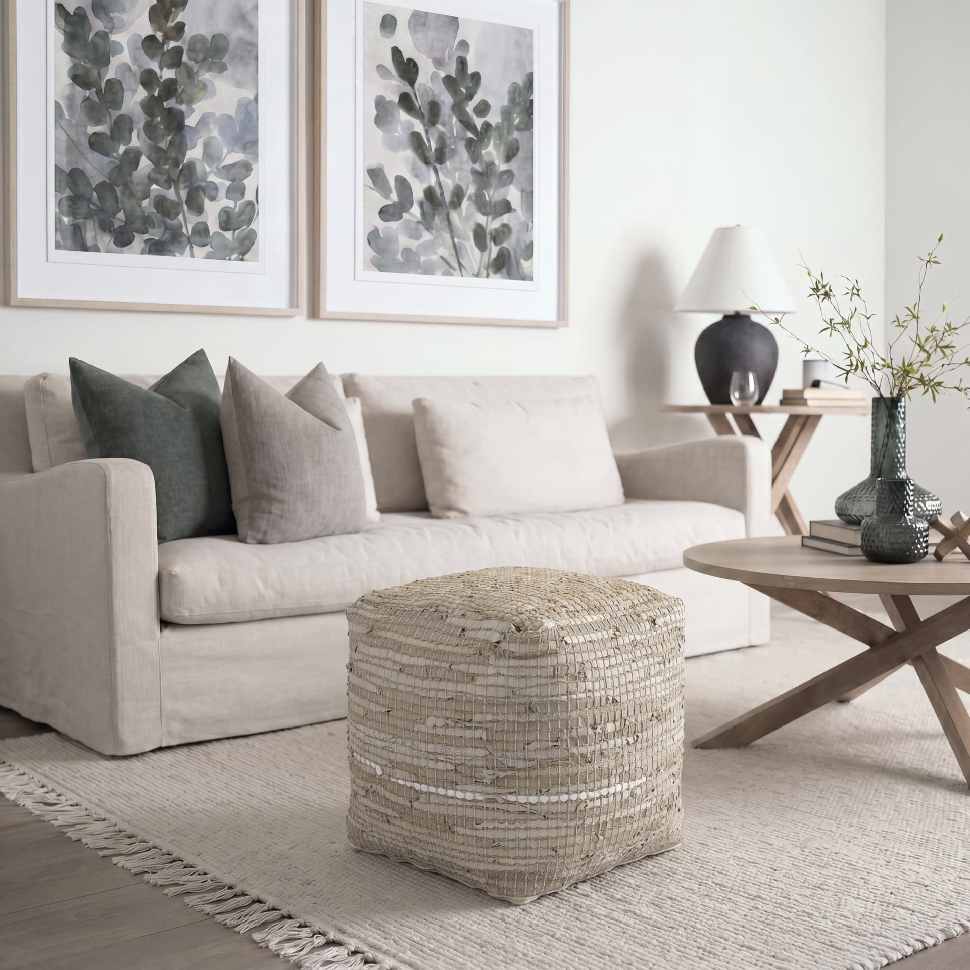 Aalia 16.0L x 16.0W x 16.0H Beige Leather and Jute Pouf — product photograph