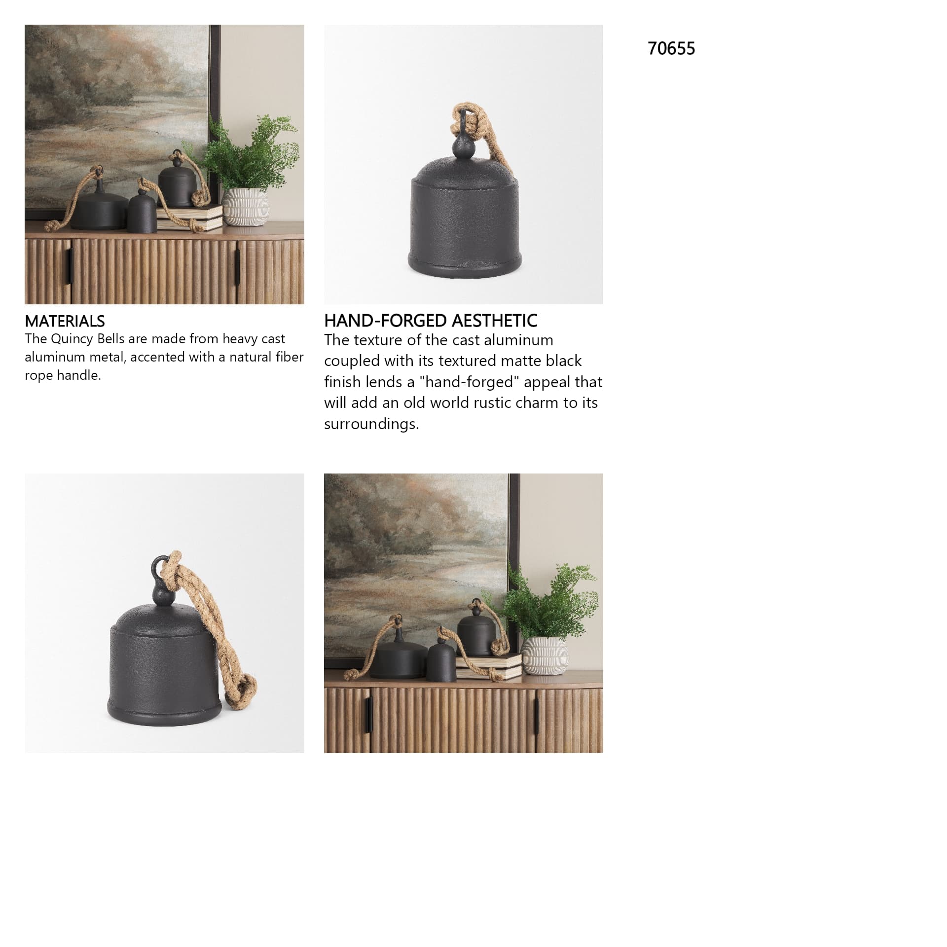 Quincy Medium Matte Black Metal Decorative Bell Object — in a styled room