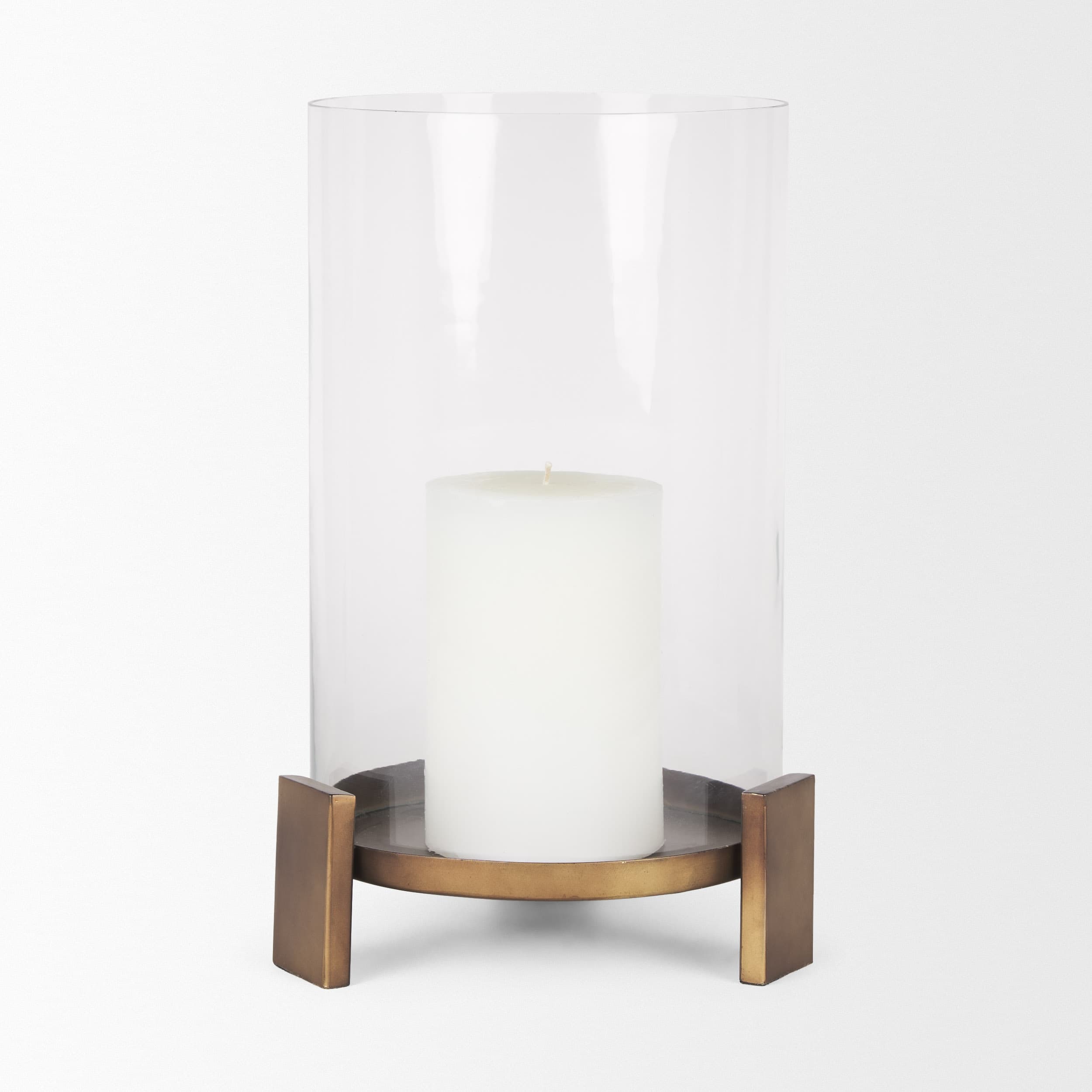 Price Large Antiqued Gold Metal w/ Glass Hurricane Candle Holder — product photograph