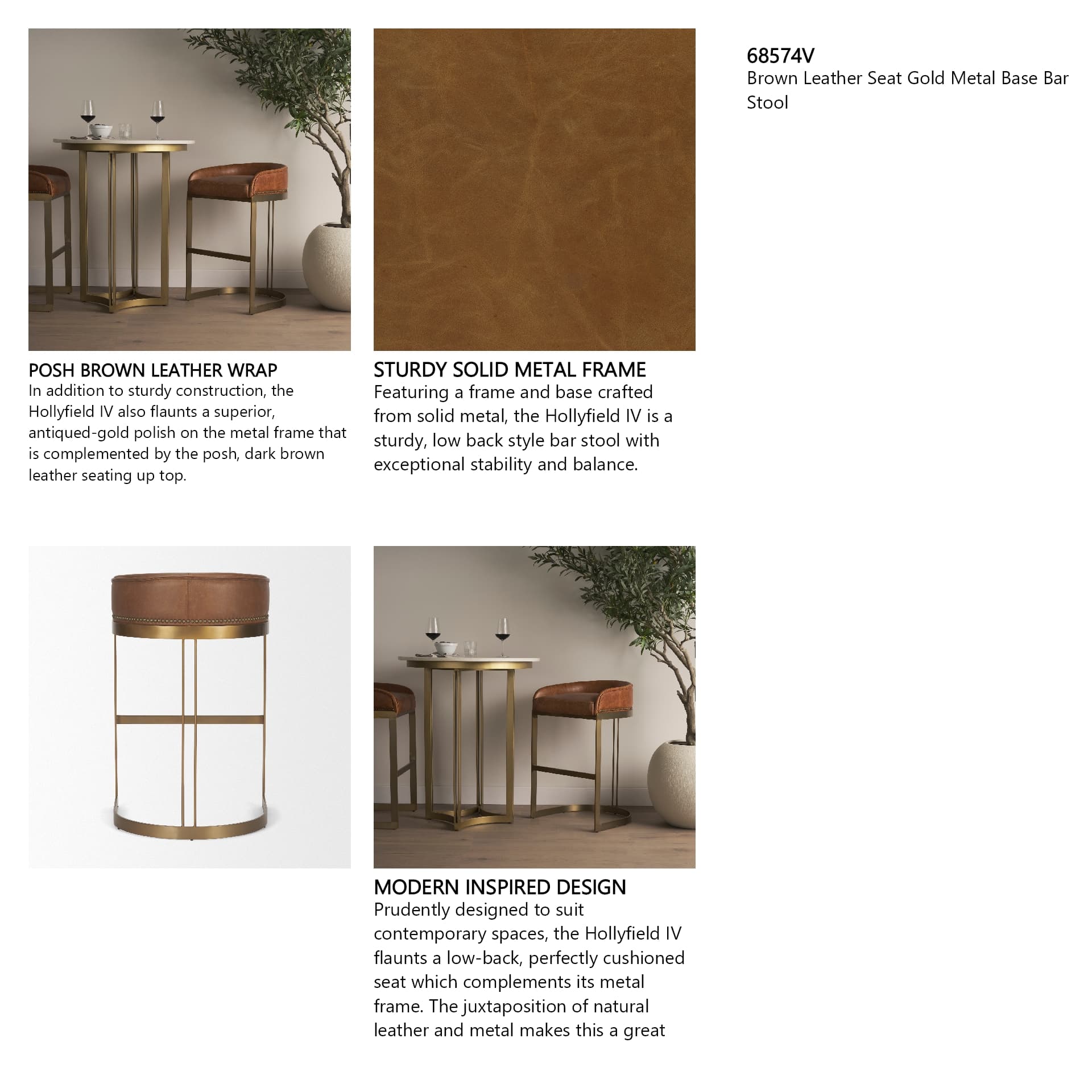 Hollyfield Low Back 28.75in Seat Bar Stool | Cognac Brown Leather — product photograph
