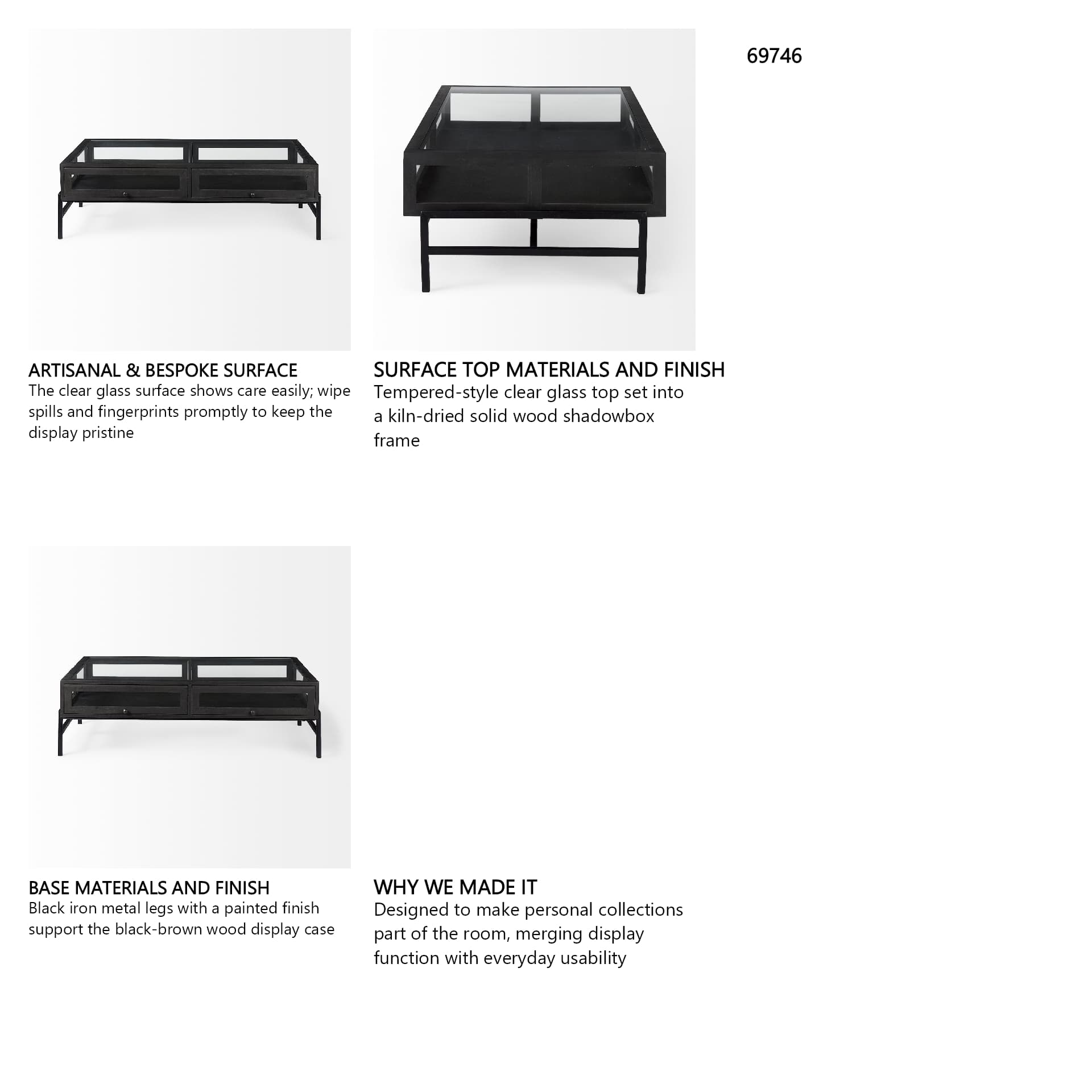 Arelius 49.5"L Rectangular Glass-Top Black-Brown Wood w/ Black Metal Base Display Coffee Table — in a styled room
