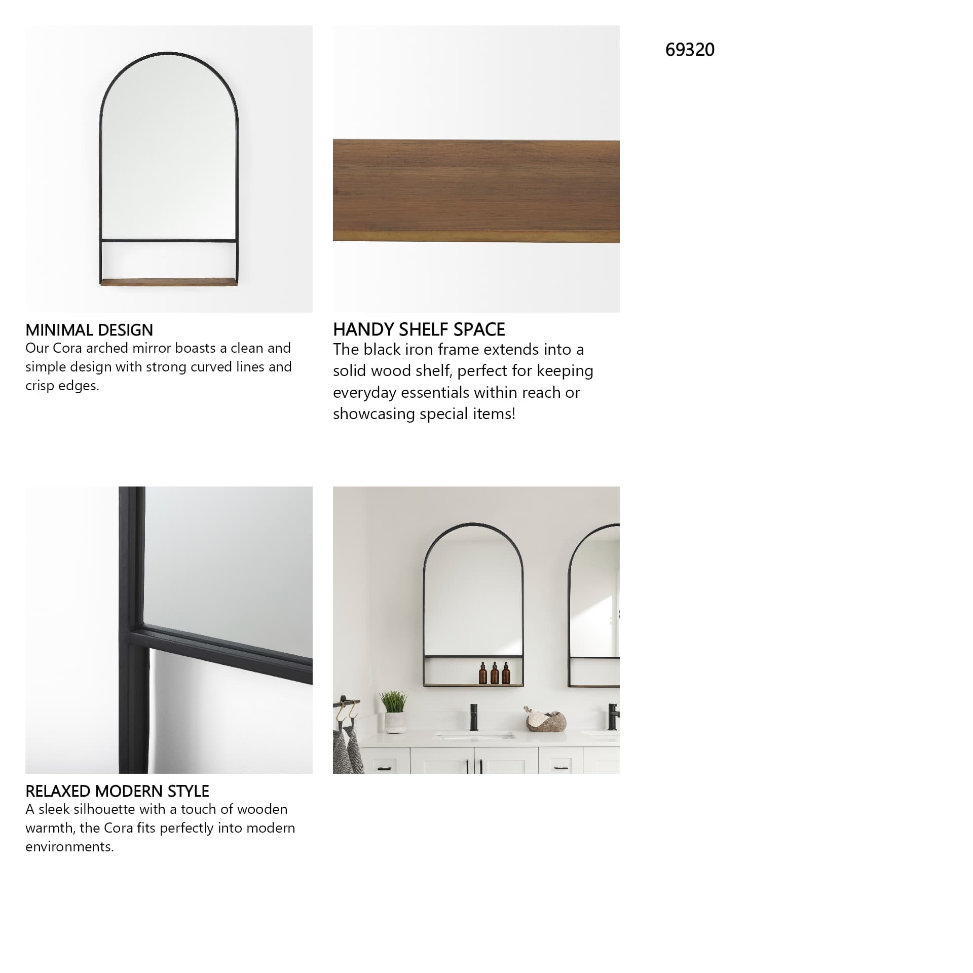 Cora 24.0L x 3.9W x 40.0H Black Metal Frame W/ Brown Wooden Shelf Arched Wall Mirror — in a styled room