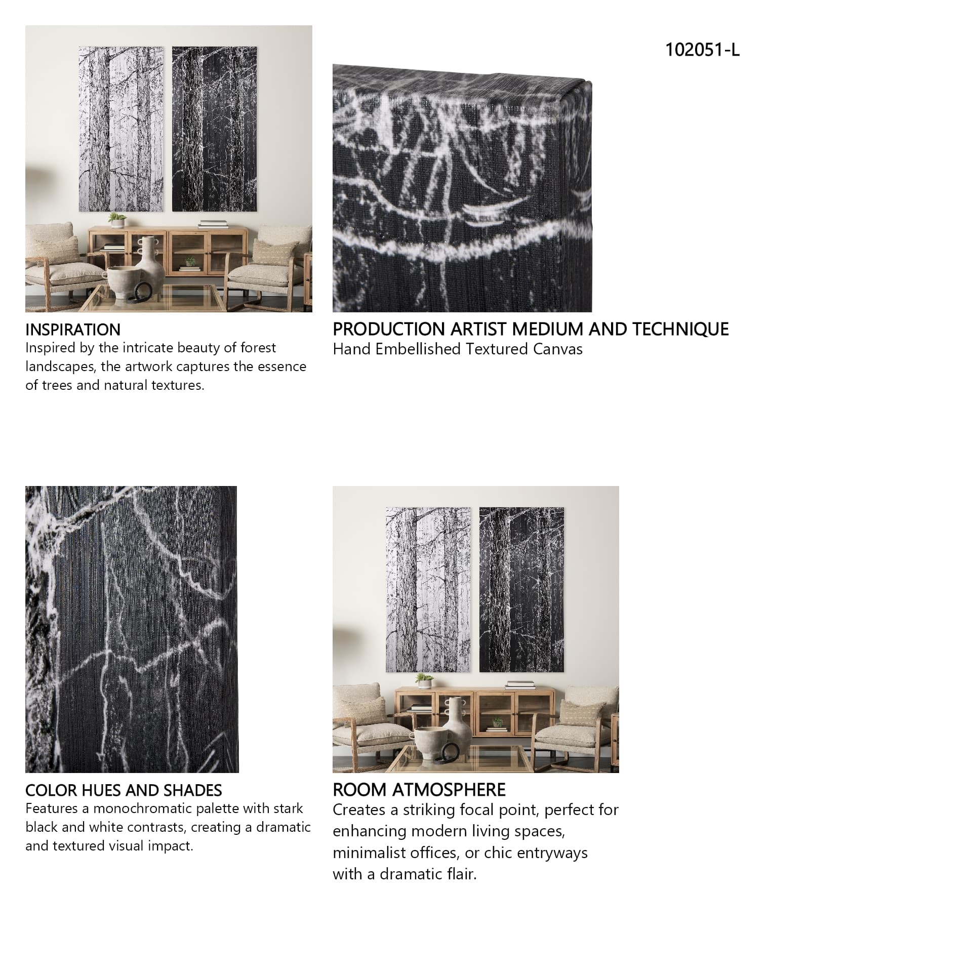 Forest BW II by Ariana a Hand Embellished Textured Canvas — in a styled room