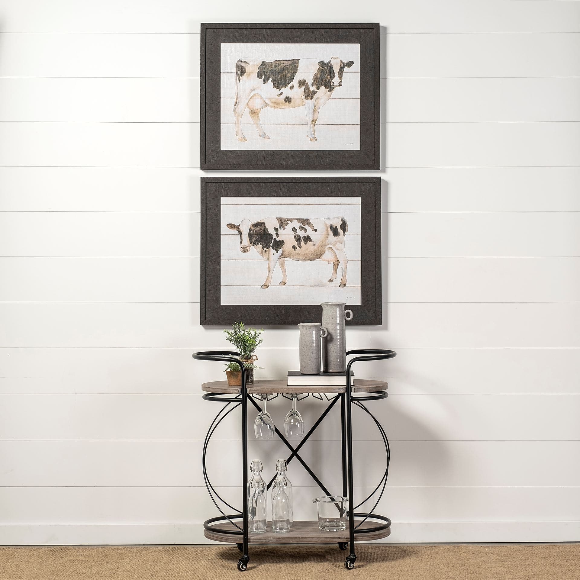 Marlon Black Metal Frame Two Tier Shelves w/Stemware holder Bar Cart — in a styled room