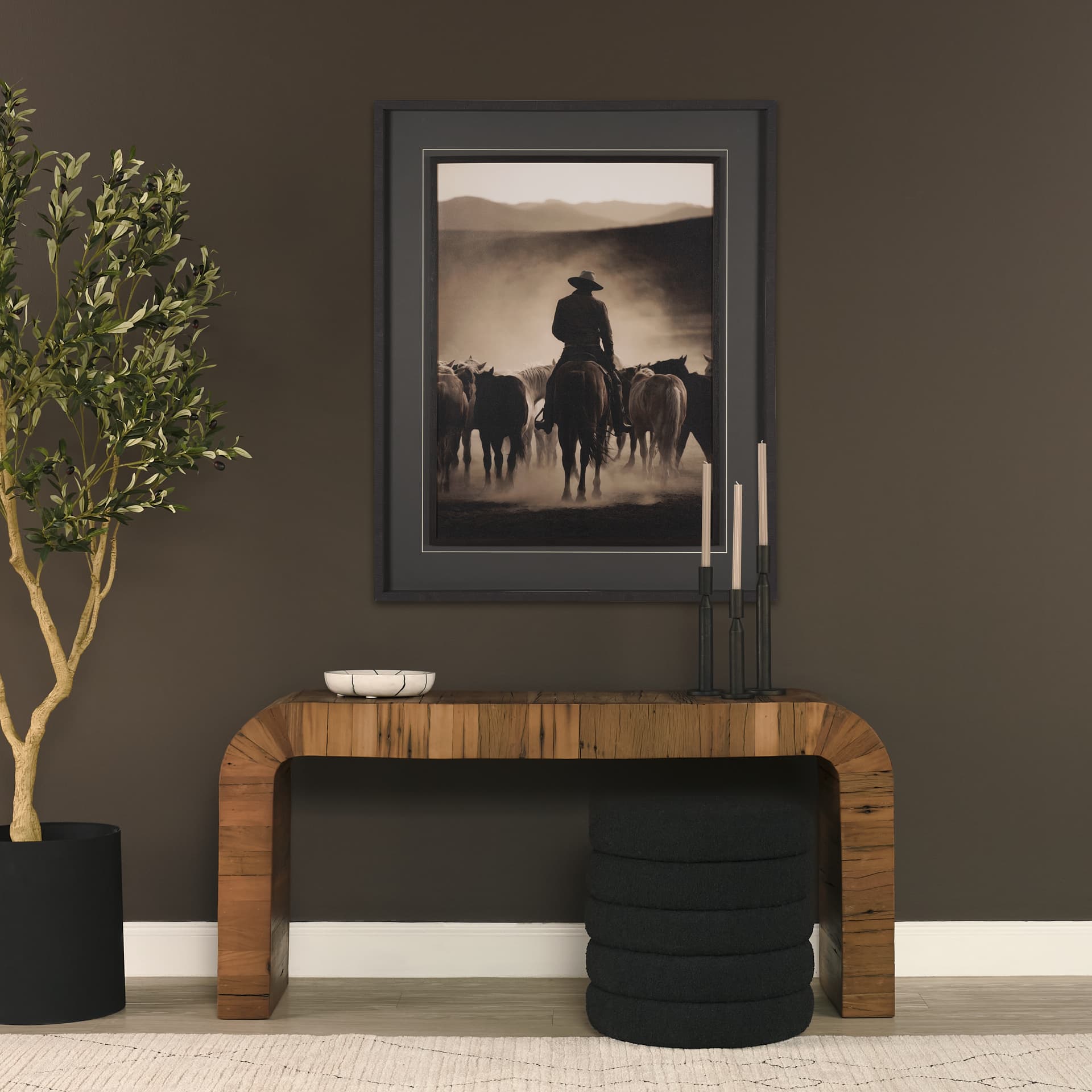 Western Horse Drive by Andreas Magnusson Textured FramedPhoto Print Matted under Glass — in a styled room