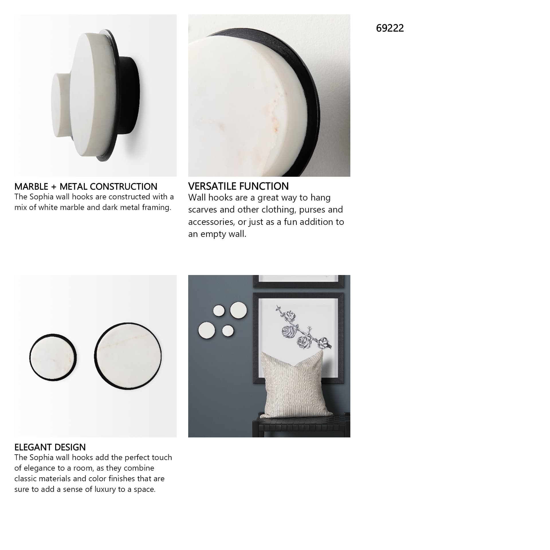 Sophia 5.0 L x 5.0 W x 3.0 H White Marble Set of 2 Wall Hooks — in a styled room