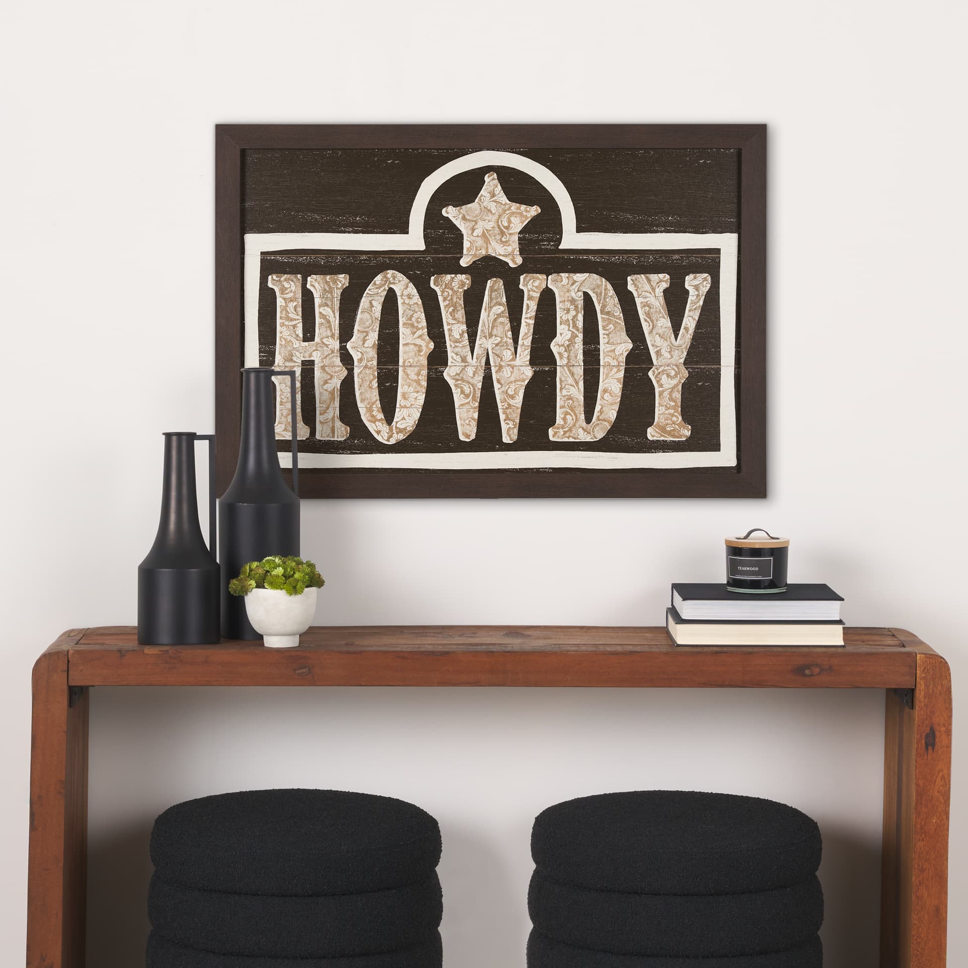 Cowboy Culture - Howdy by Mercana Studio a Hand Embelished Textured Framed Art Print — in a styled room