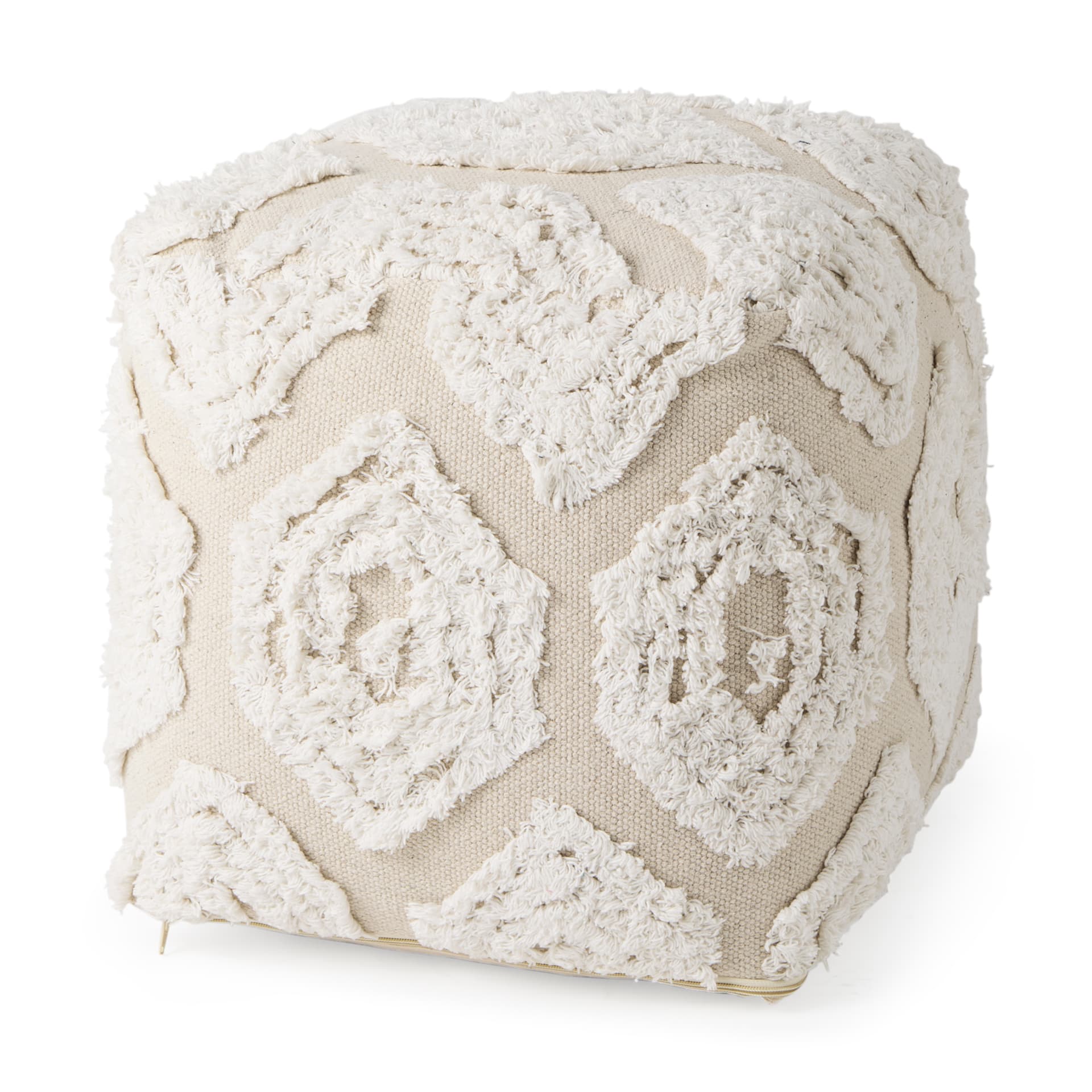 Ekanta 16.0L x 16.0W x 16.0H Cream/Beige Patterned Cotton Pouf — product photograph