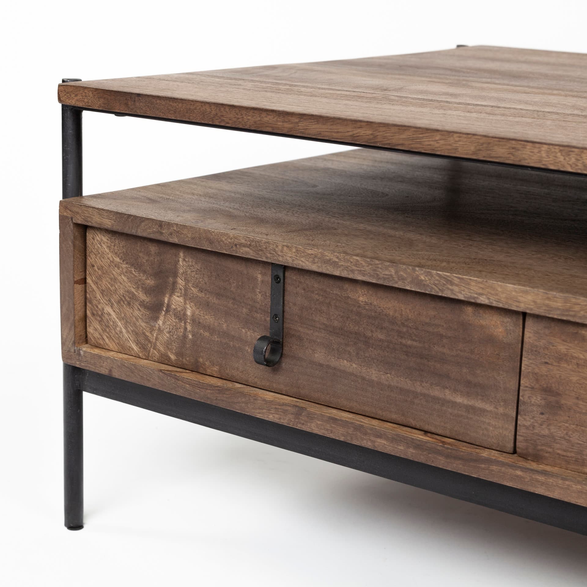 Glenn II 54x30 Dark Brown Wood w/ Black Iron Frame, Rectangle 3 Drawers Coffee Table — product photograph