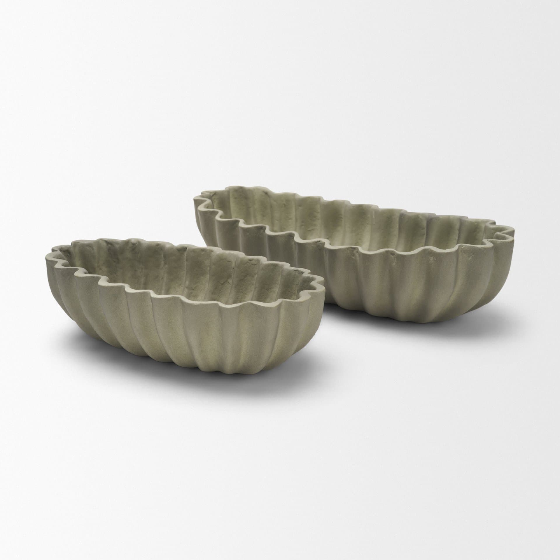 Camelia Fluted Sage Green Paper Mache Long Centerpiece Bowl — product photograph