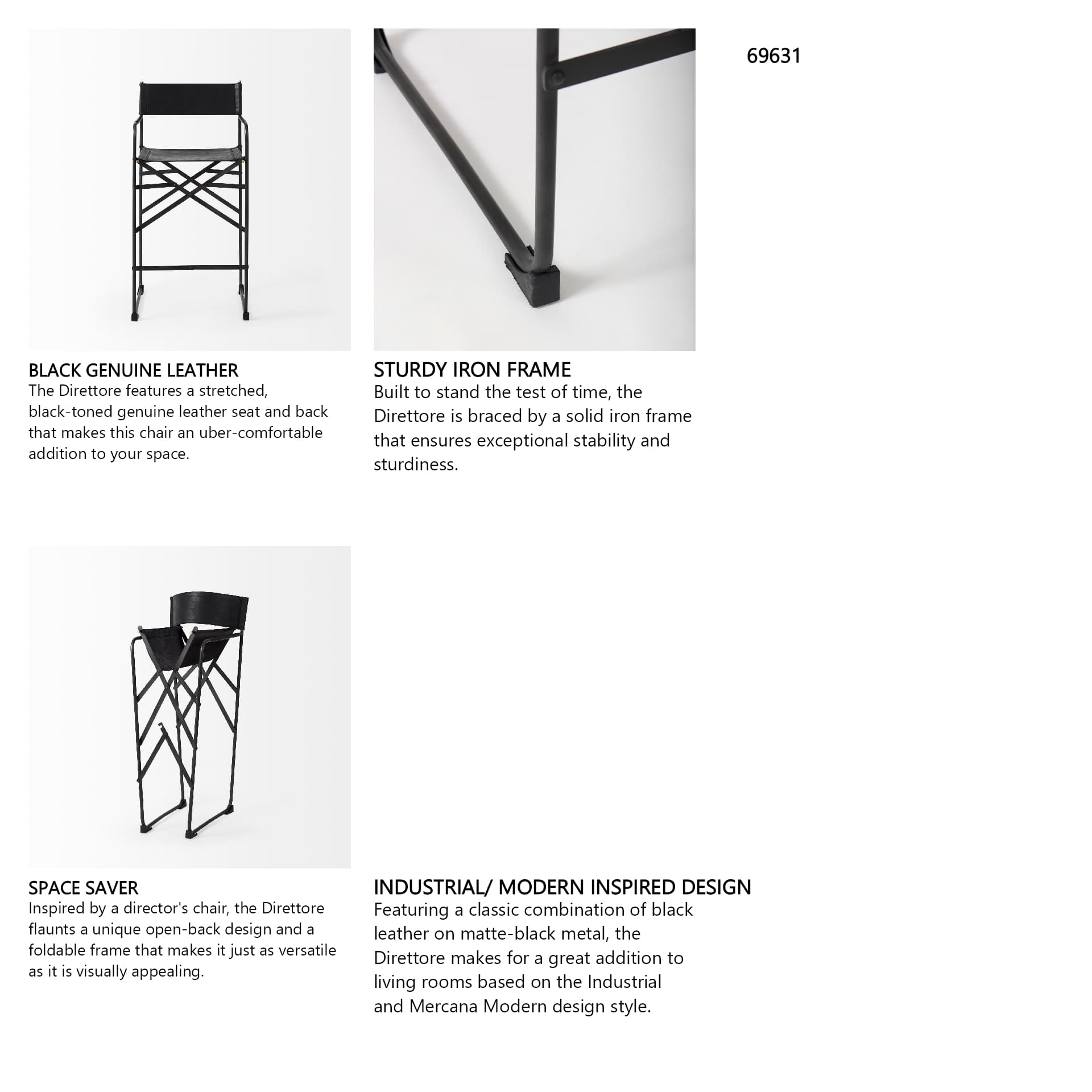 Direttore Backless 40.2in Seat Bar Stool | Black Leather w/ Black Iron — product photograph