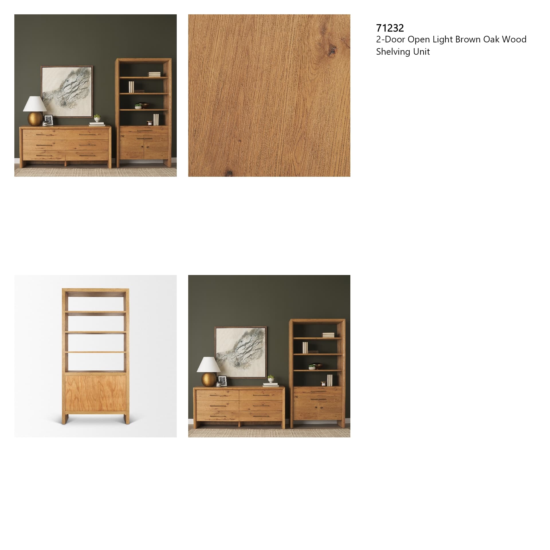 Belford 2-Door Open Light Brown Oak Wood Shelving Unit — in a styled room