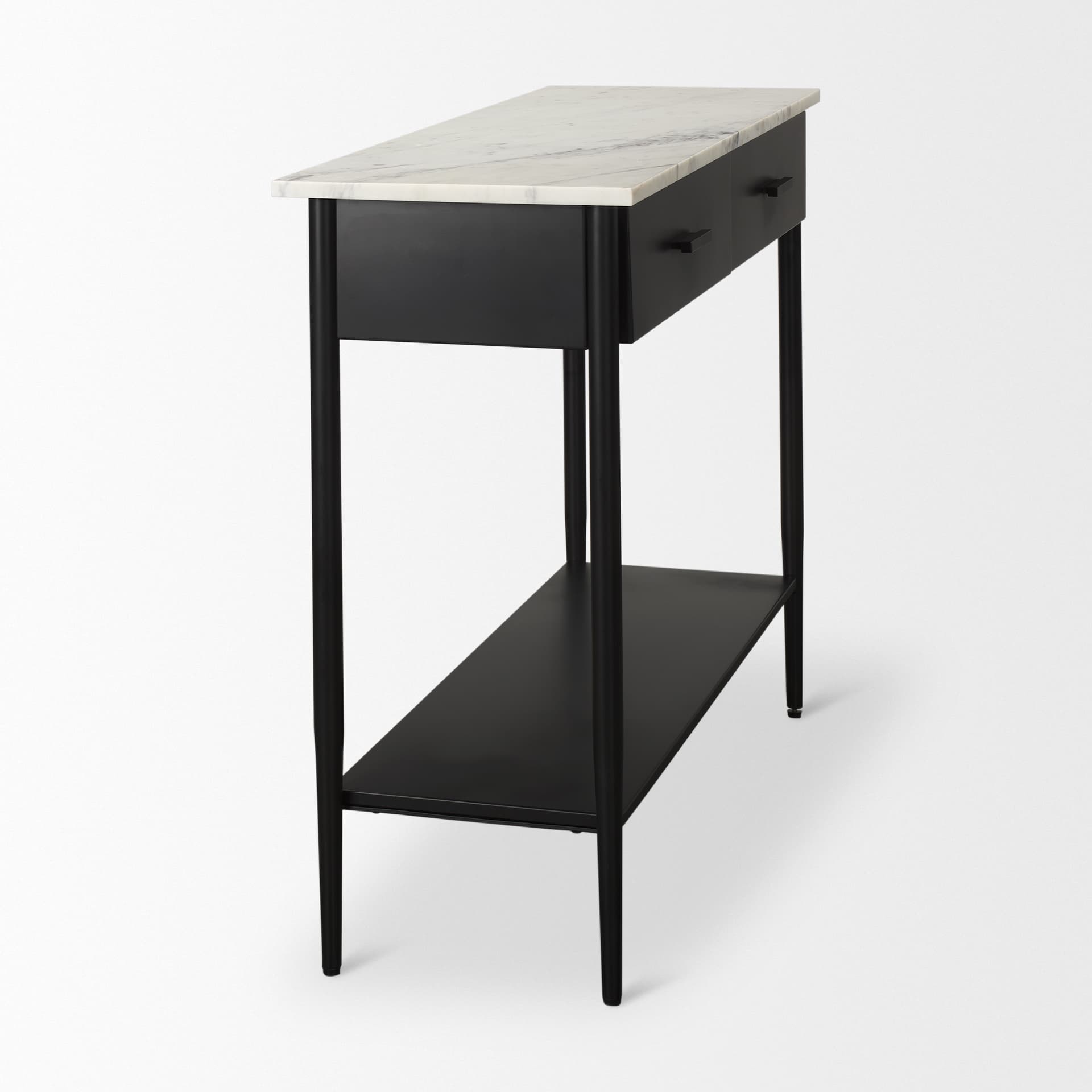 Amika White Marble Top Black Metal Base Console Table — product photograph