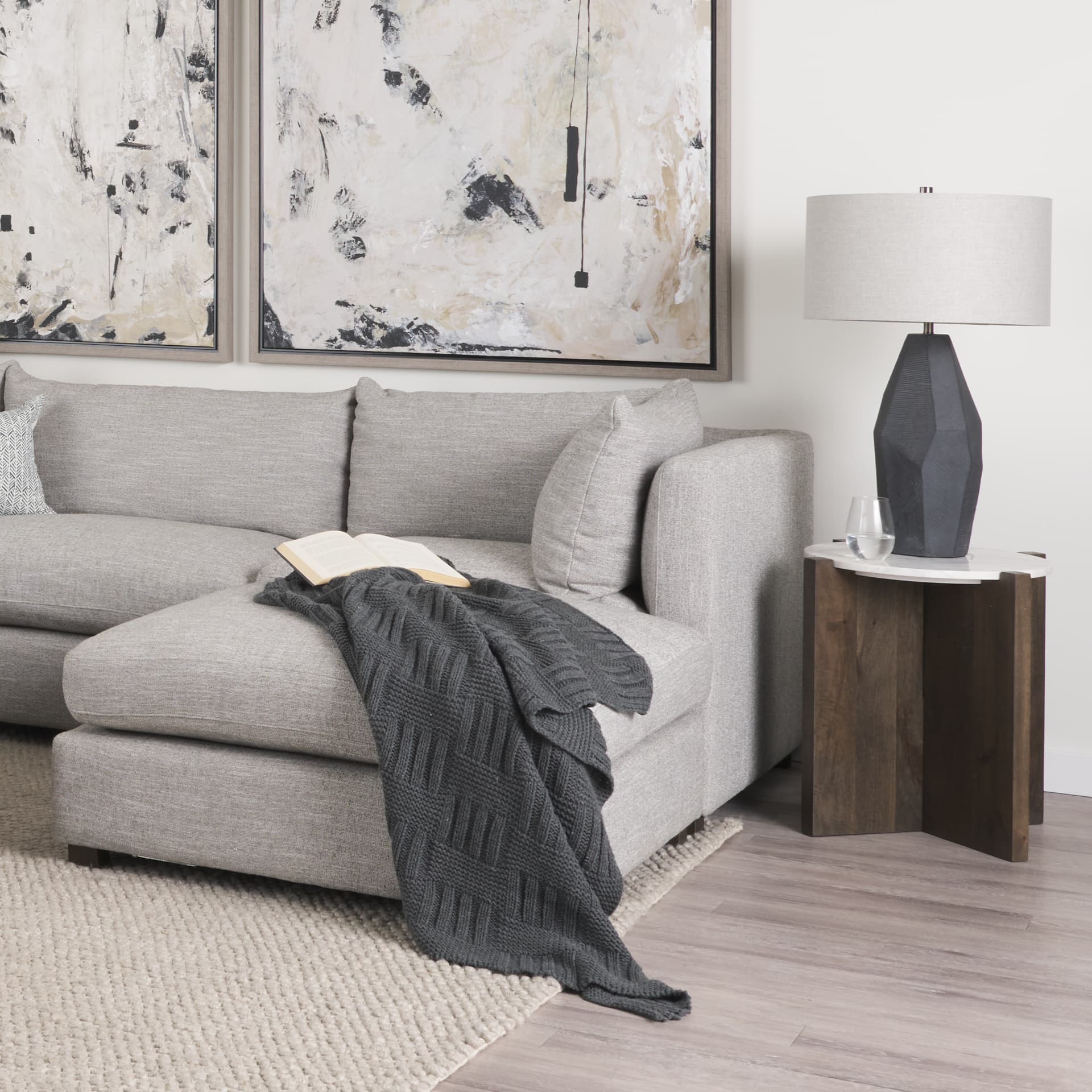 Bianca Dark Brown Wood w/ Marble Round Accent Table — in a styled room
