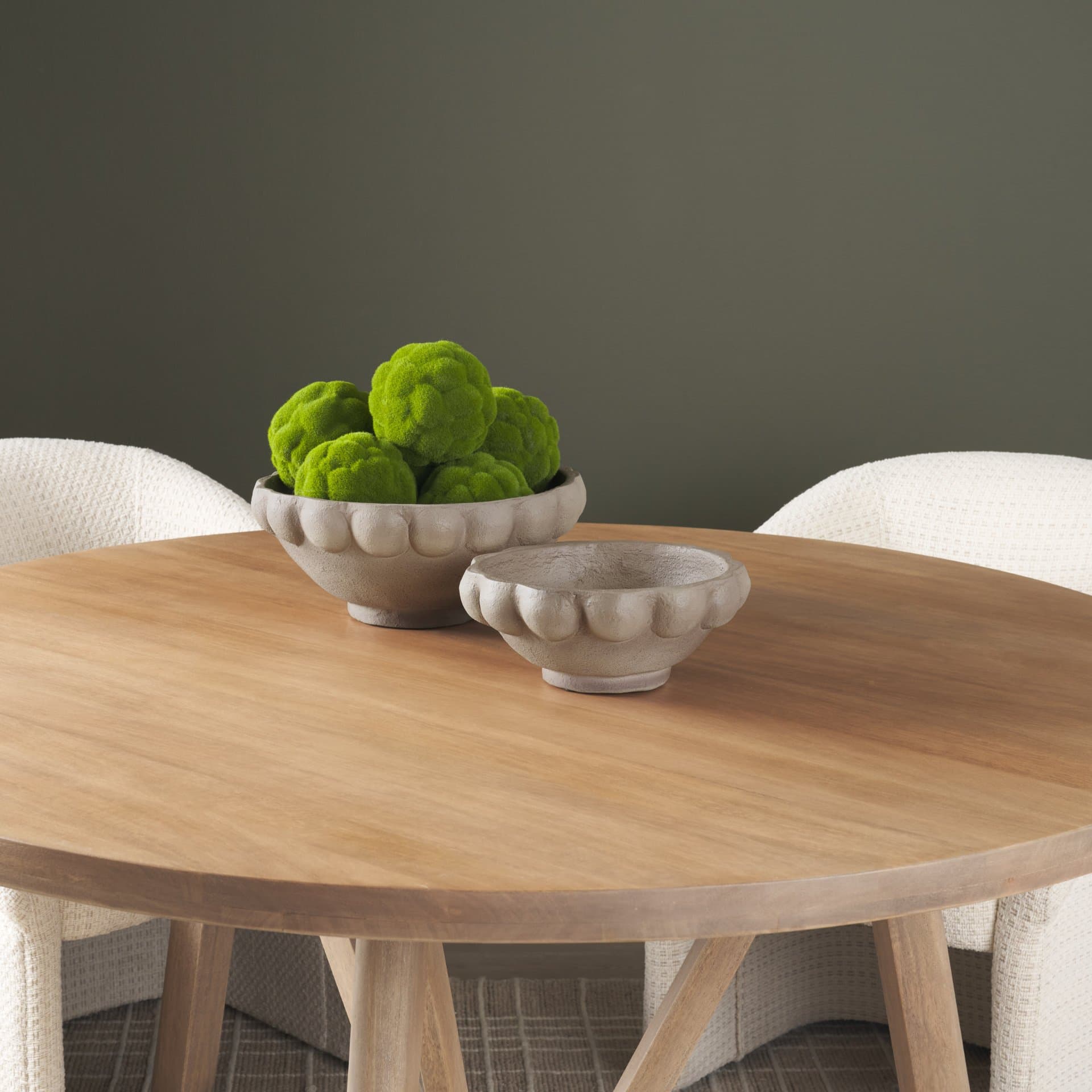 Konya Small Earthen Gray-Brown Dotted Paper Mache Centerpiece Bowl — in a styled room