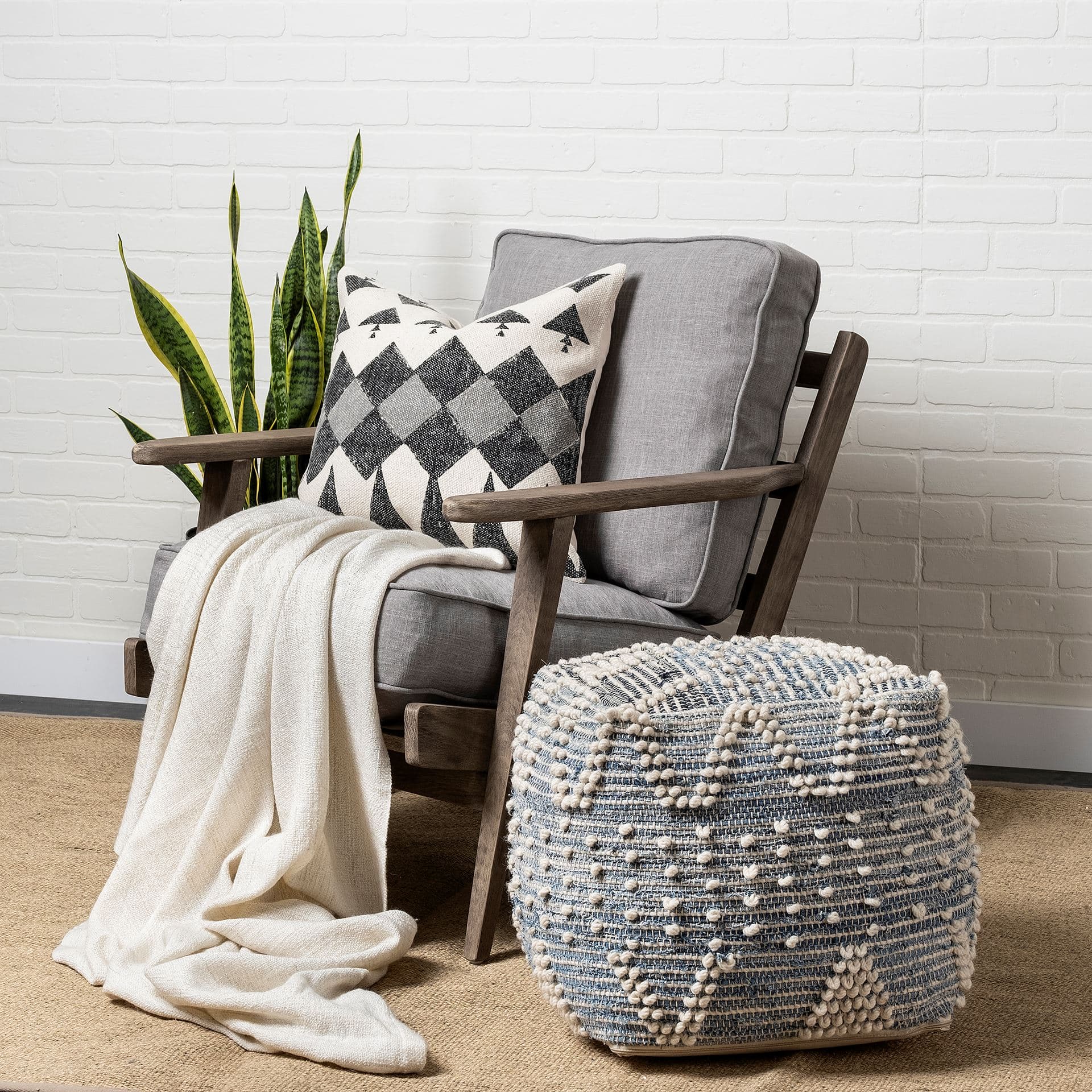 Rofi Blue Denim and Cream Cotton Stitched Square Pouf — product photograph