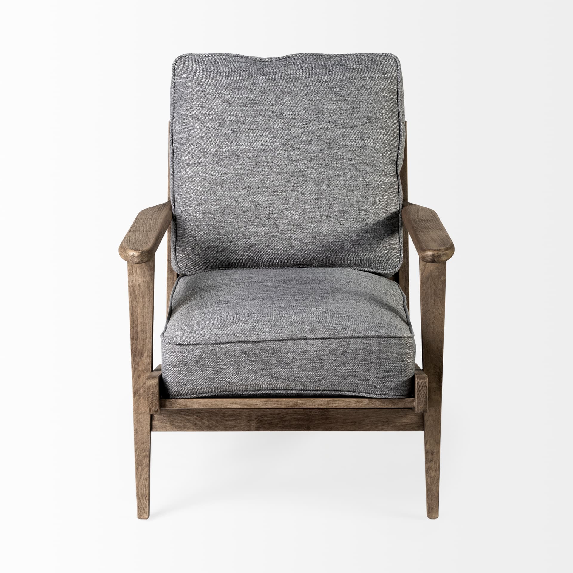 Olympus V Castlerock Grey Fabric Wrapped Brown Wooden Frame Accent Chair — product photograph