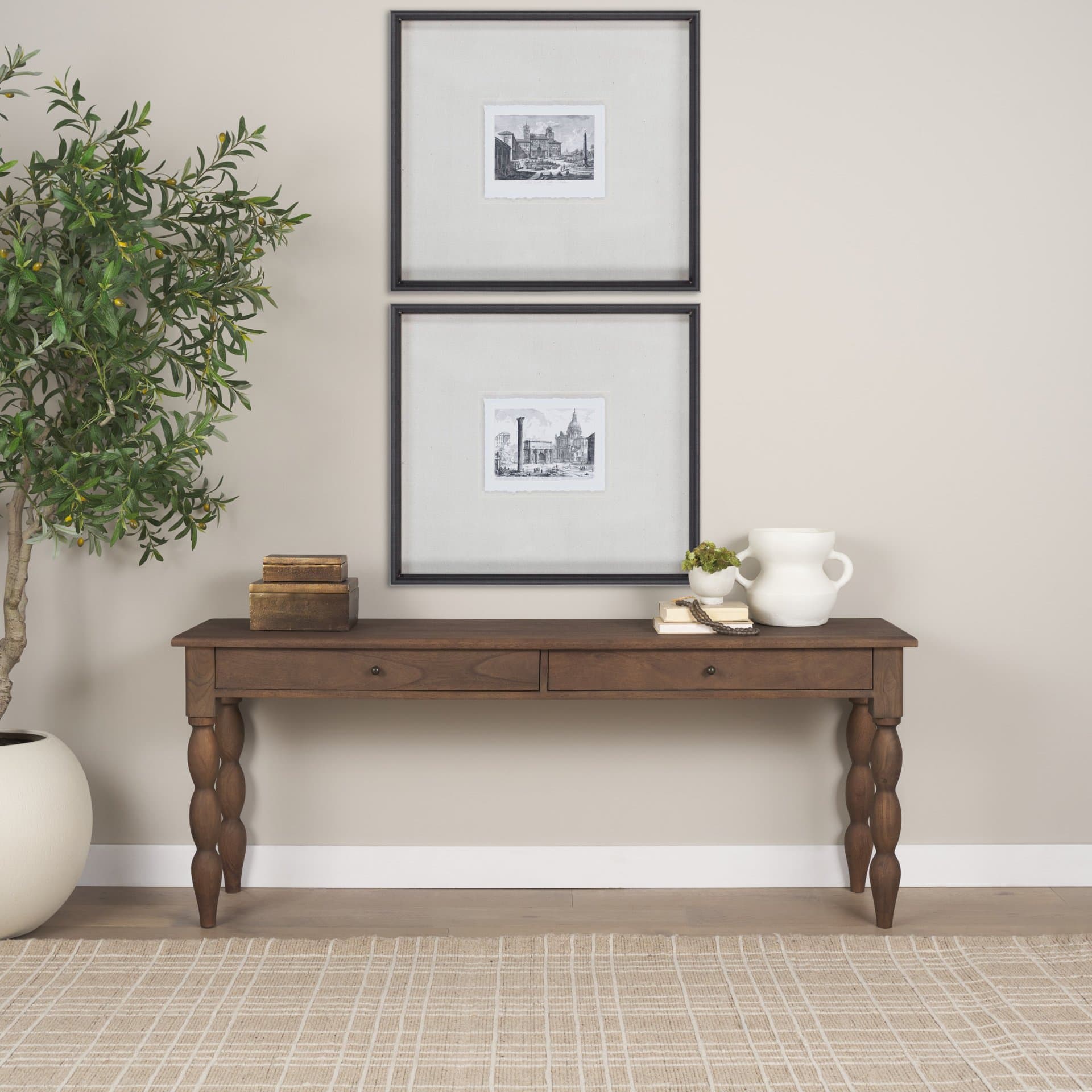 Angeline Spool Turned Console Table | Dark Brown Wood | 2 Drawers — in a styled room