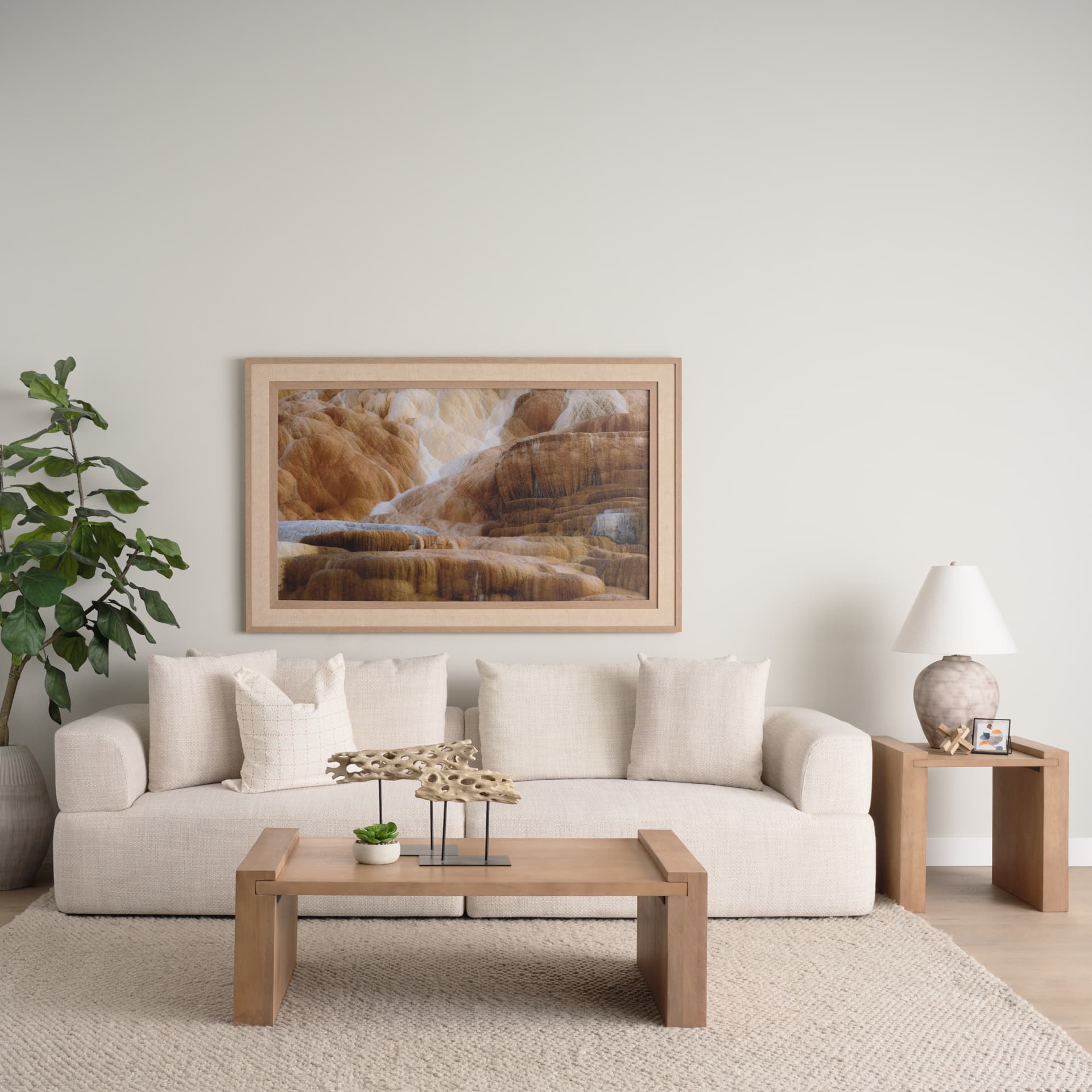 Wesson Light Brown Wood Rectangular Coffee Table — in a styled room
