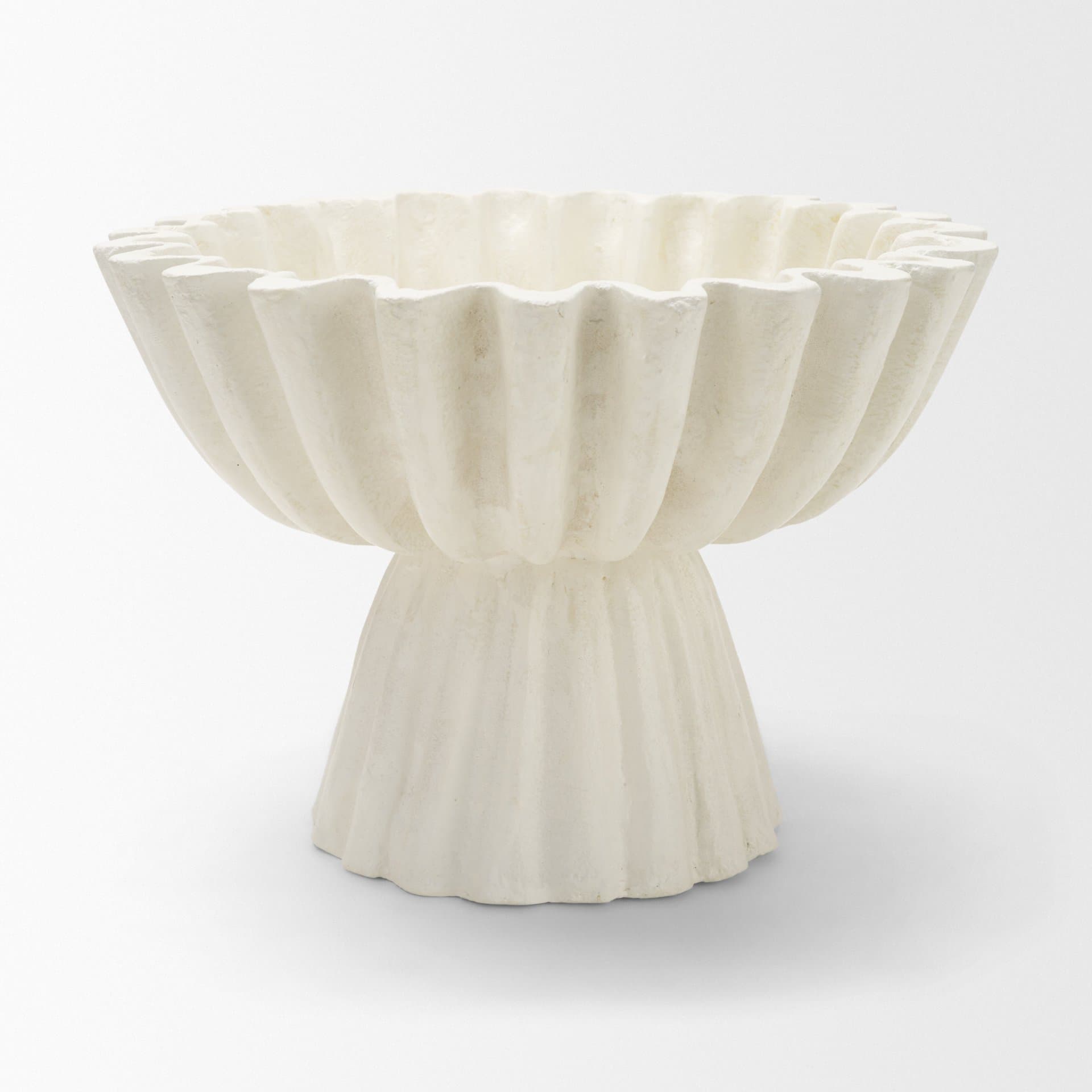 Camelia Fluted White Paper Mache Pedastal Centerpiece Bowl — product photograph