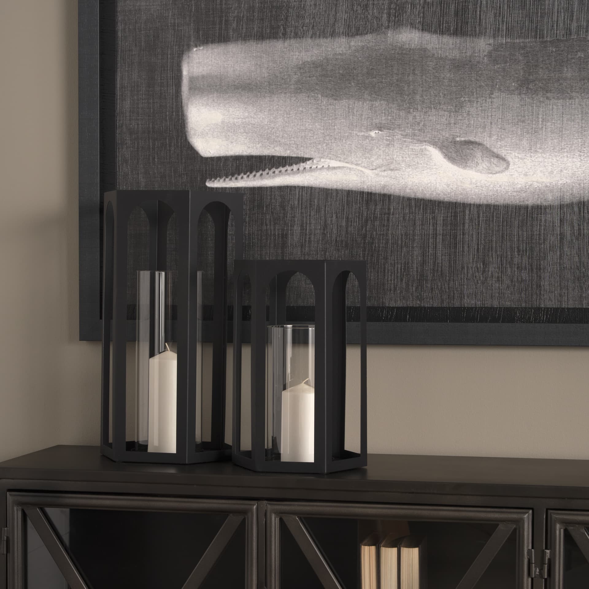 Balley 9.4L x 9.4W x 19.7H Set of Two Matte Black Metal Hexagonal Candle Holder Lanterns — product photograph