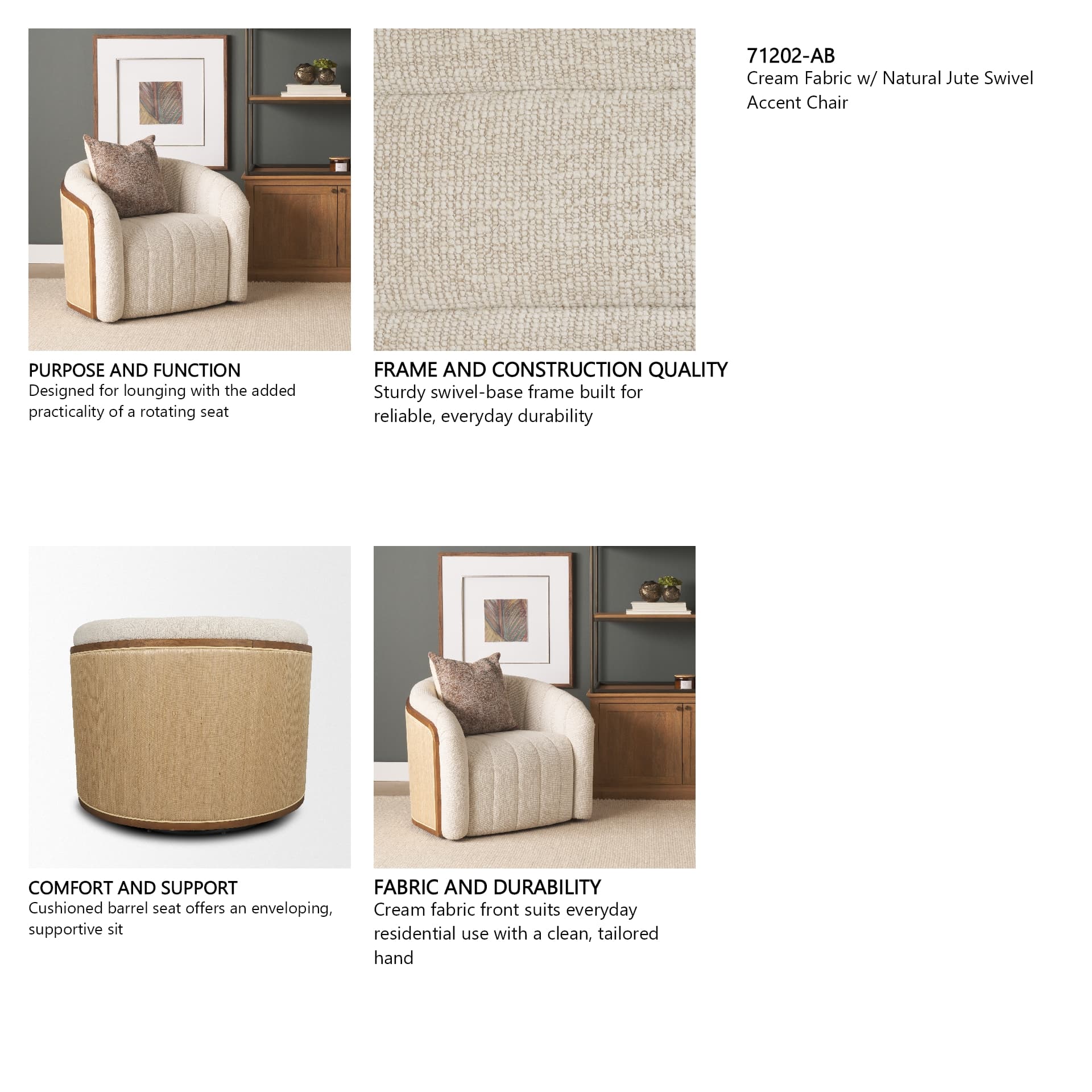 Fonda Cream Fabric w/ Natural Jute Swivel Accent Chair — in a styled room