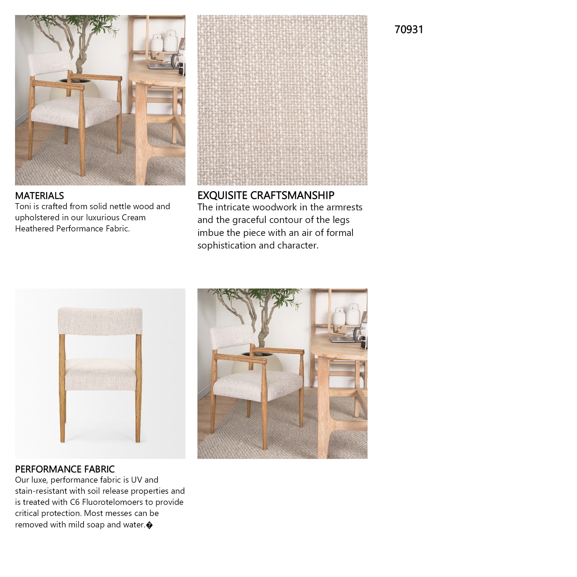 Toni Curved Back Dining Side Chair | Cream Fabric w/ Light Brown Wood — in a styled room