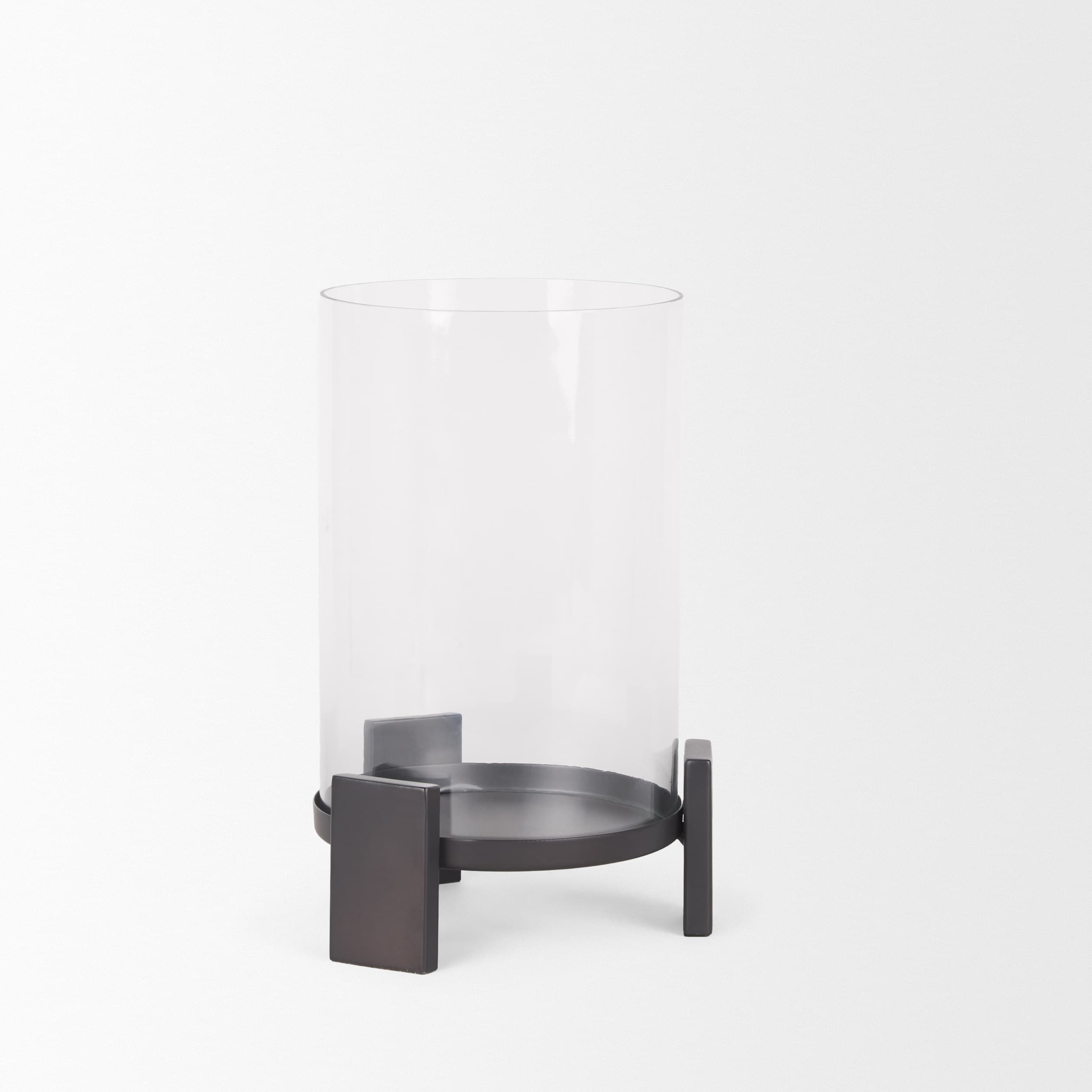 Price Small Matte Black-Brown Metal w/ Glass Hurricane Candle Holder — product photograph