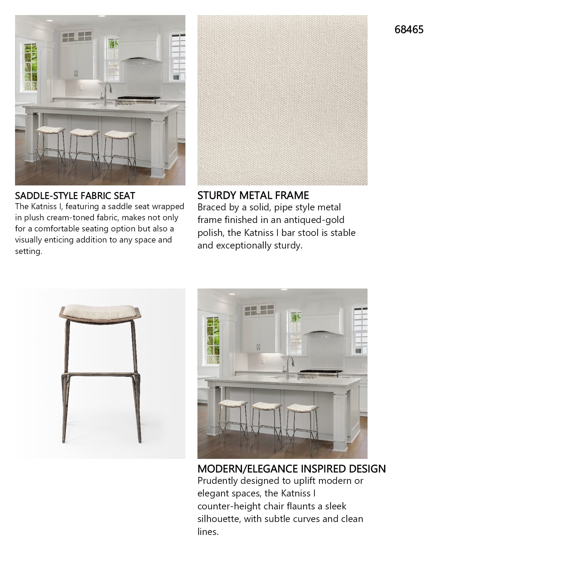 Katniss Backless 26in Seat Counter Stool | Cream Fabric w/ Gold Metal — product photograph