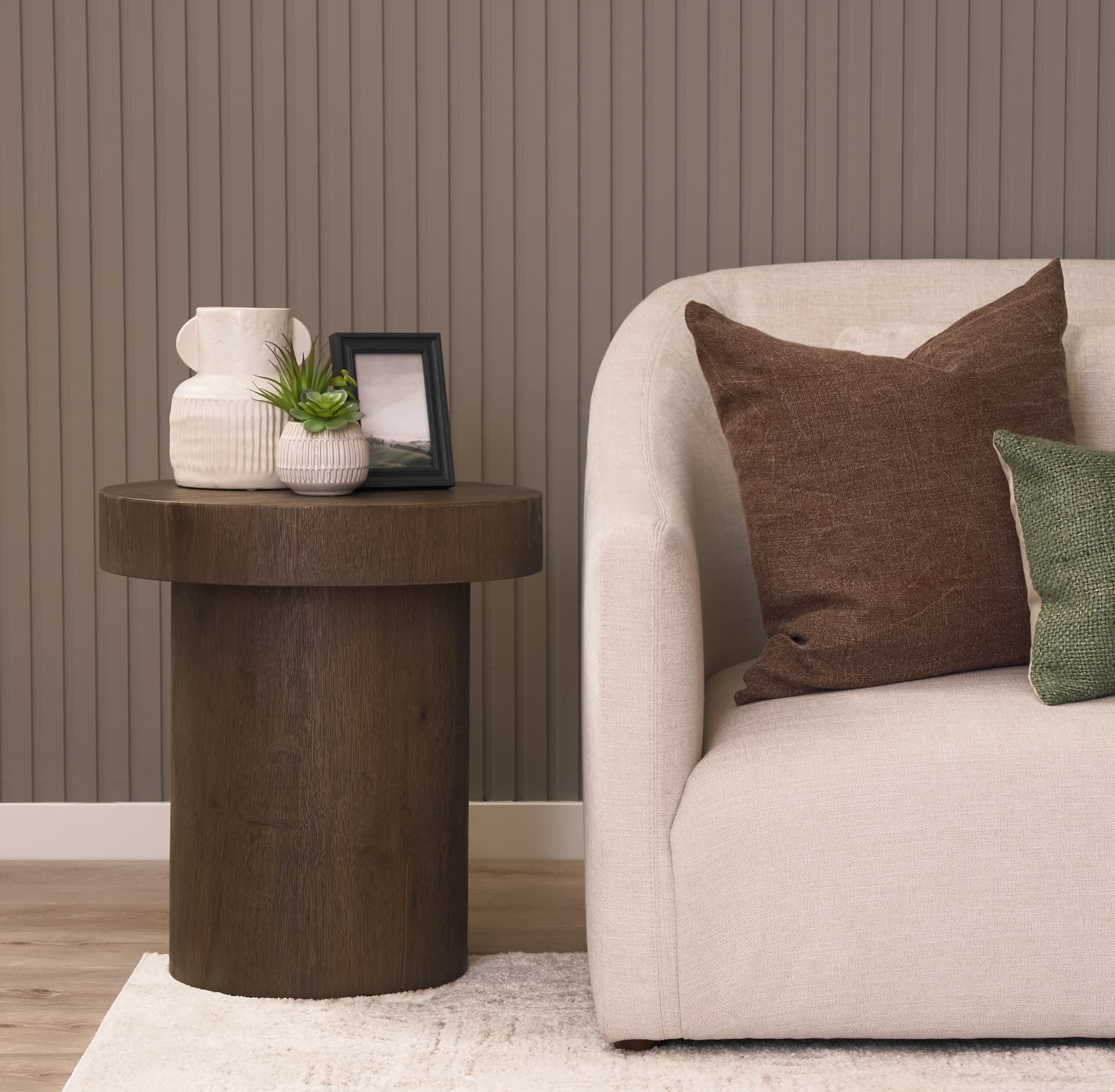 Lyonne Round Medium Brown Oak Wood Pedestal Side Tables — product photograph