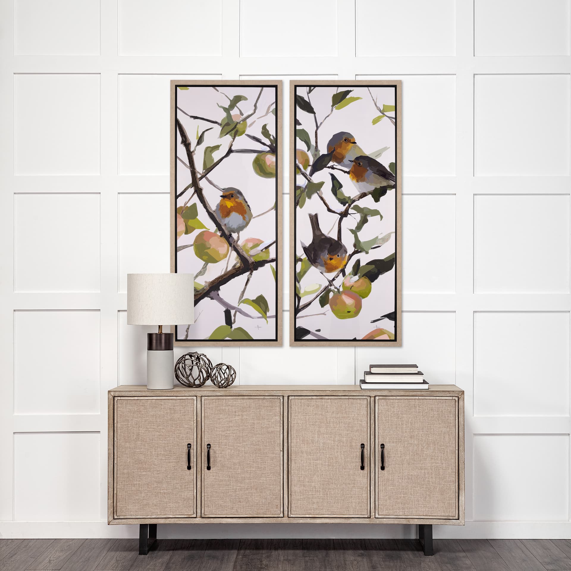 Birds & Apples I by Mercana Studio a Hand Embellished Textured Framed Canvas — in a styled room