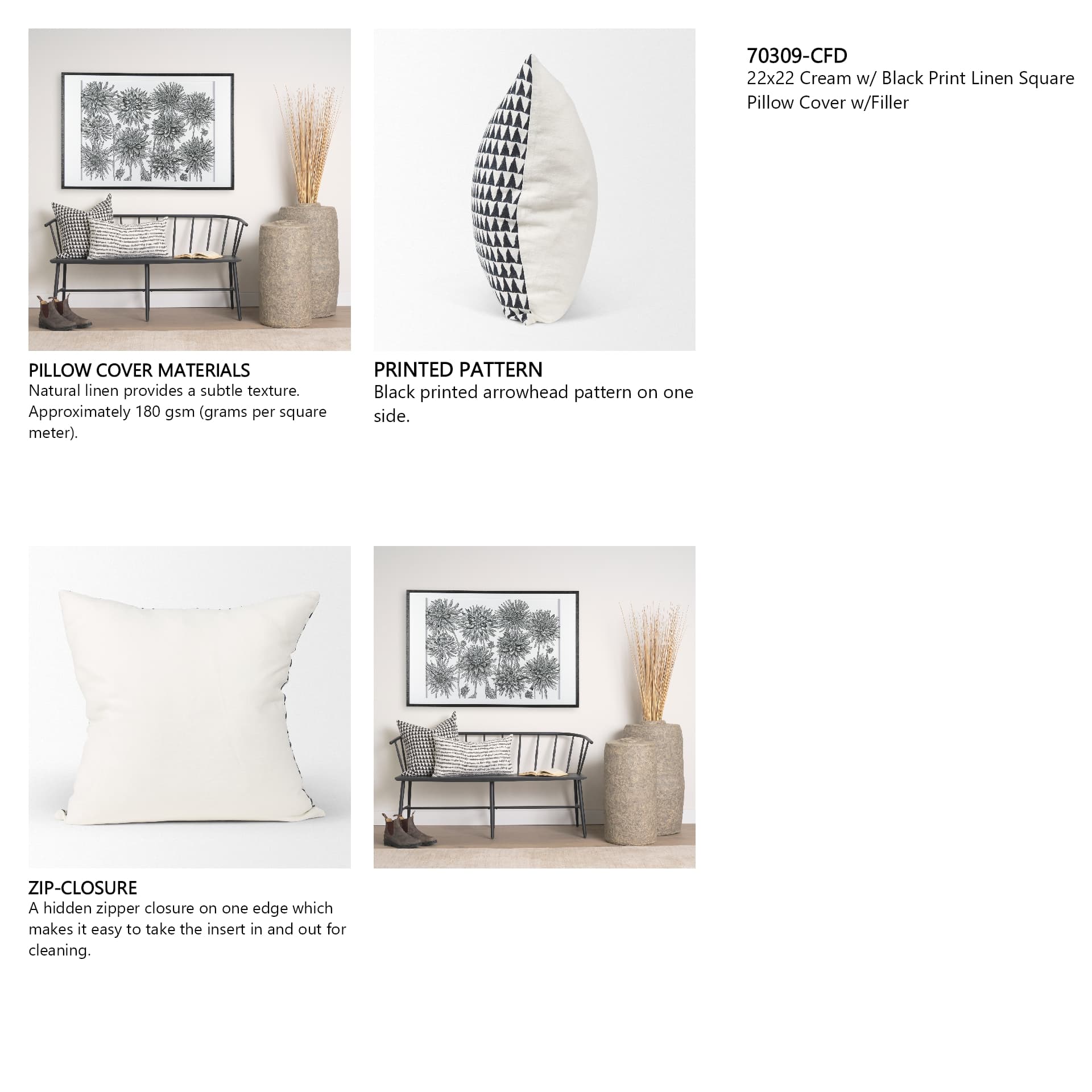 Jolie 22x22 Cream w/ Black Print Linen Square Pillow Cover w/Filler — in a styled room
