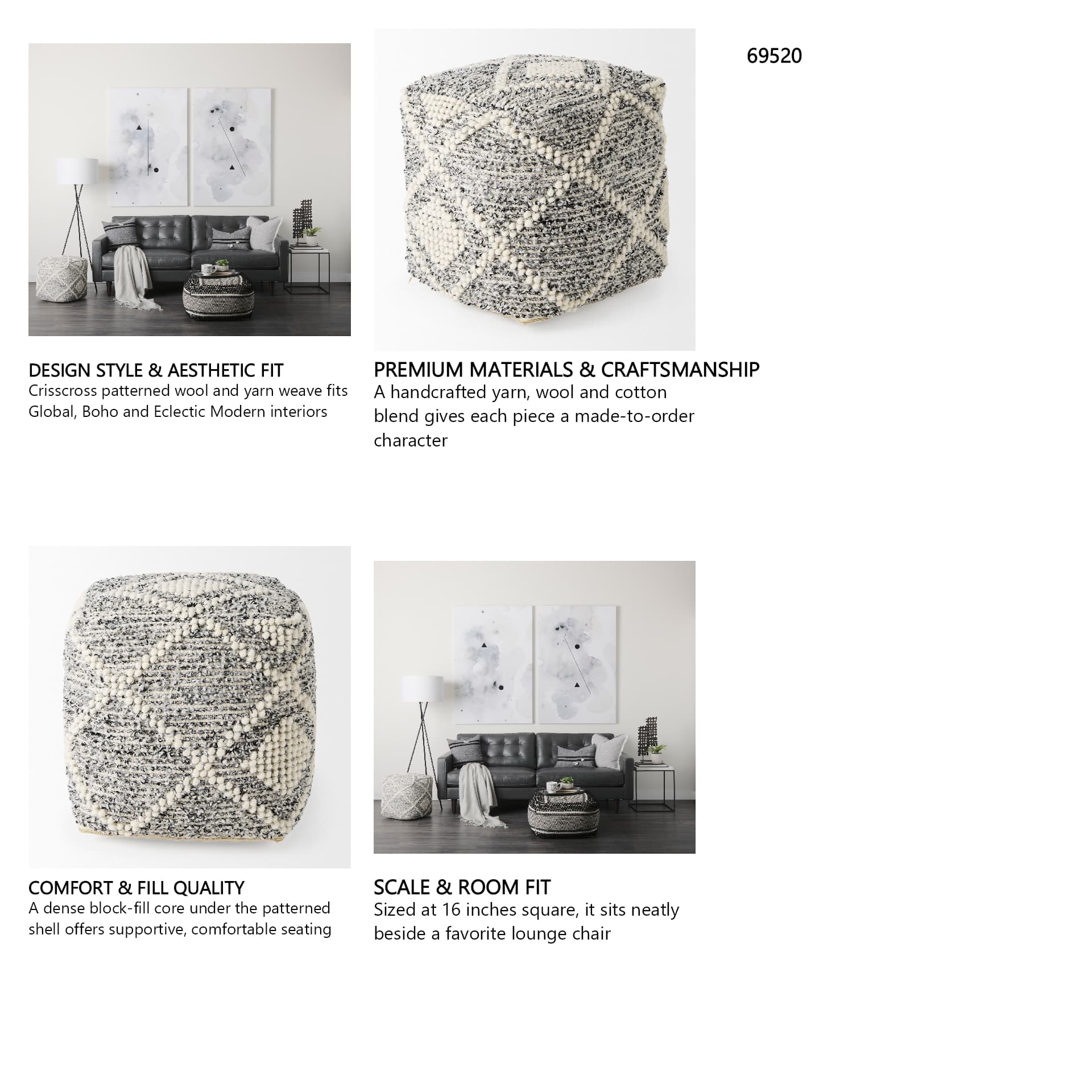 Ekiya 16.0L x 16.0W x 16.0H Black/White Yarn and Wool Patterened Pouf — in a styled room