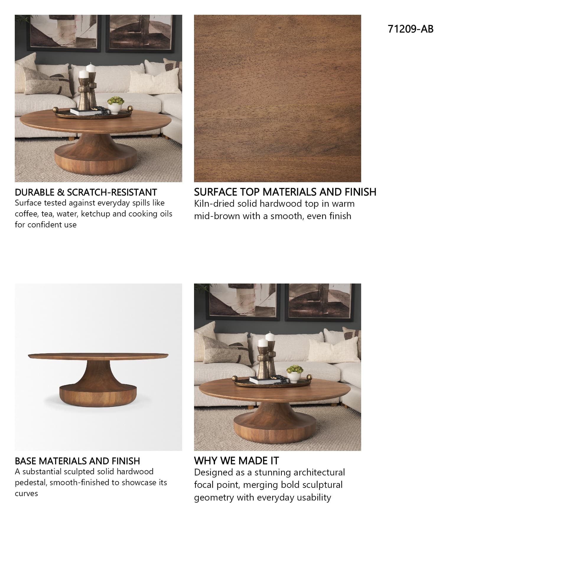 Arno Warm Mid-Brown Wood Sculptural Round Coffee Table — in a styled room