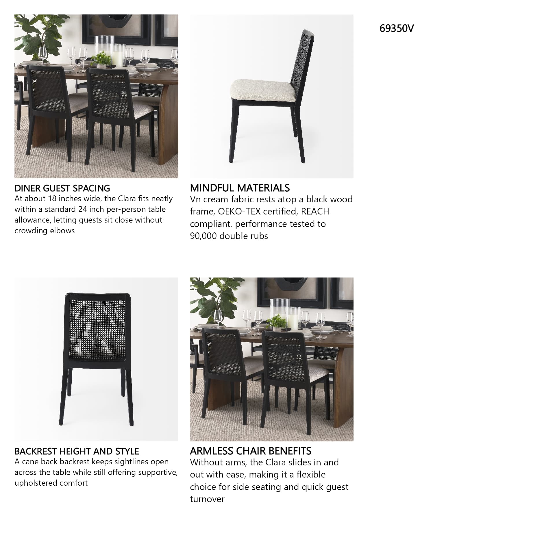 Clara Cane Back Dining Side Chair | Cream Fabric w/ Black Wood — in a styled room