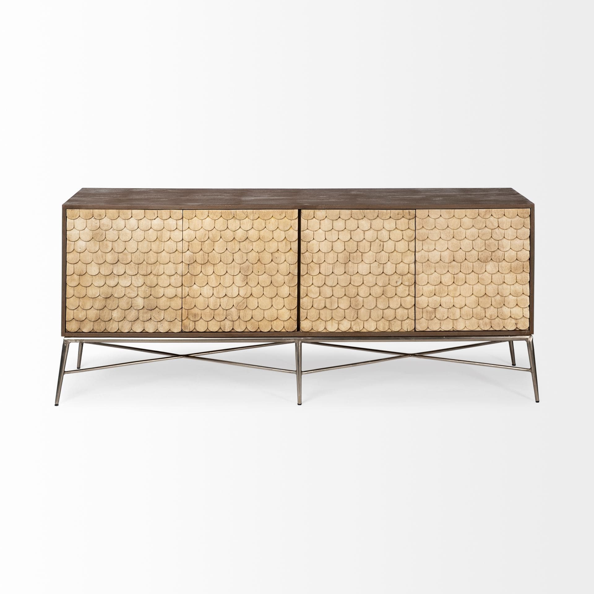 Swordfish 72L x 19W x 30.25H Two-Tone Brown Wood Cabinet Silver Metal Base 4 Cabinet Door Sideboard — product photograph
