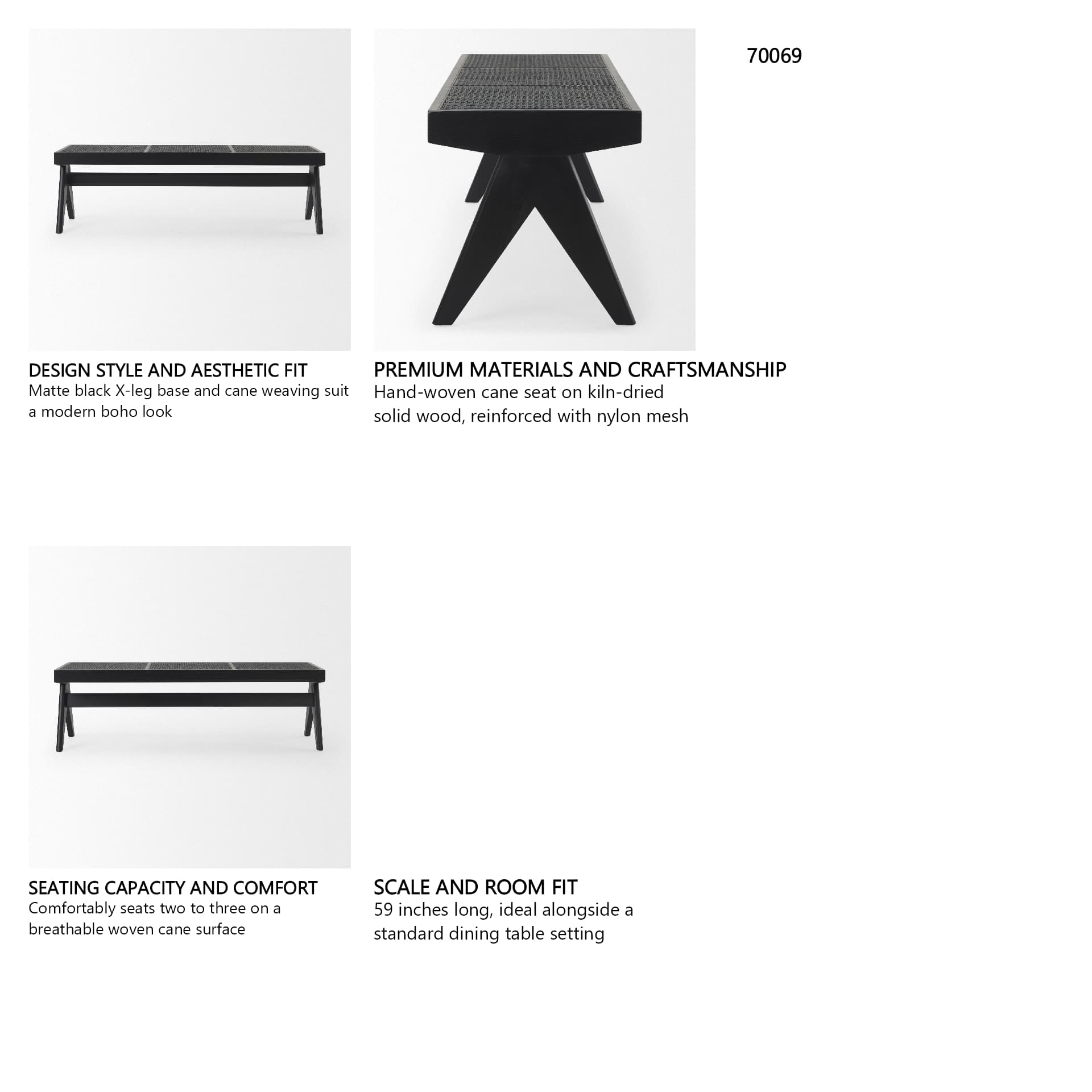 Arvin 59.1L x 17.7W x 18.1H Black Wooden Bench — in a styled room