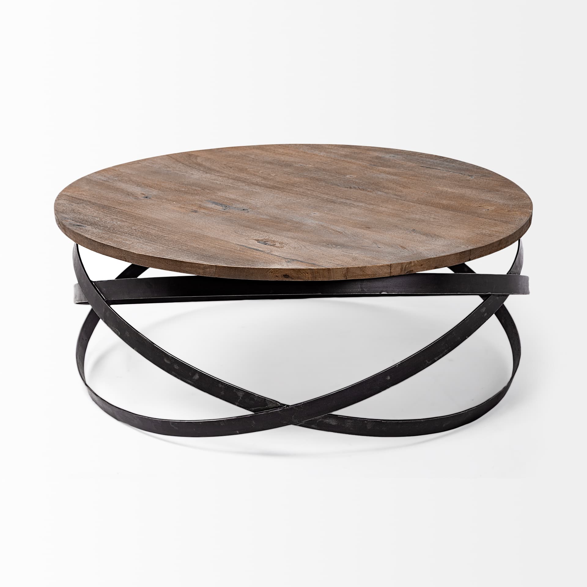 Triumph 40" Round Brown Solid Wood Top Black Metal Base Coffee Table — product photograph