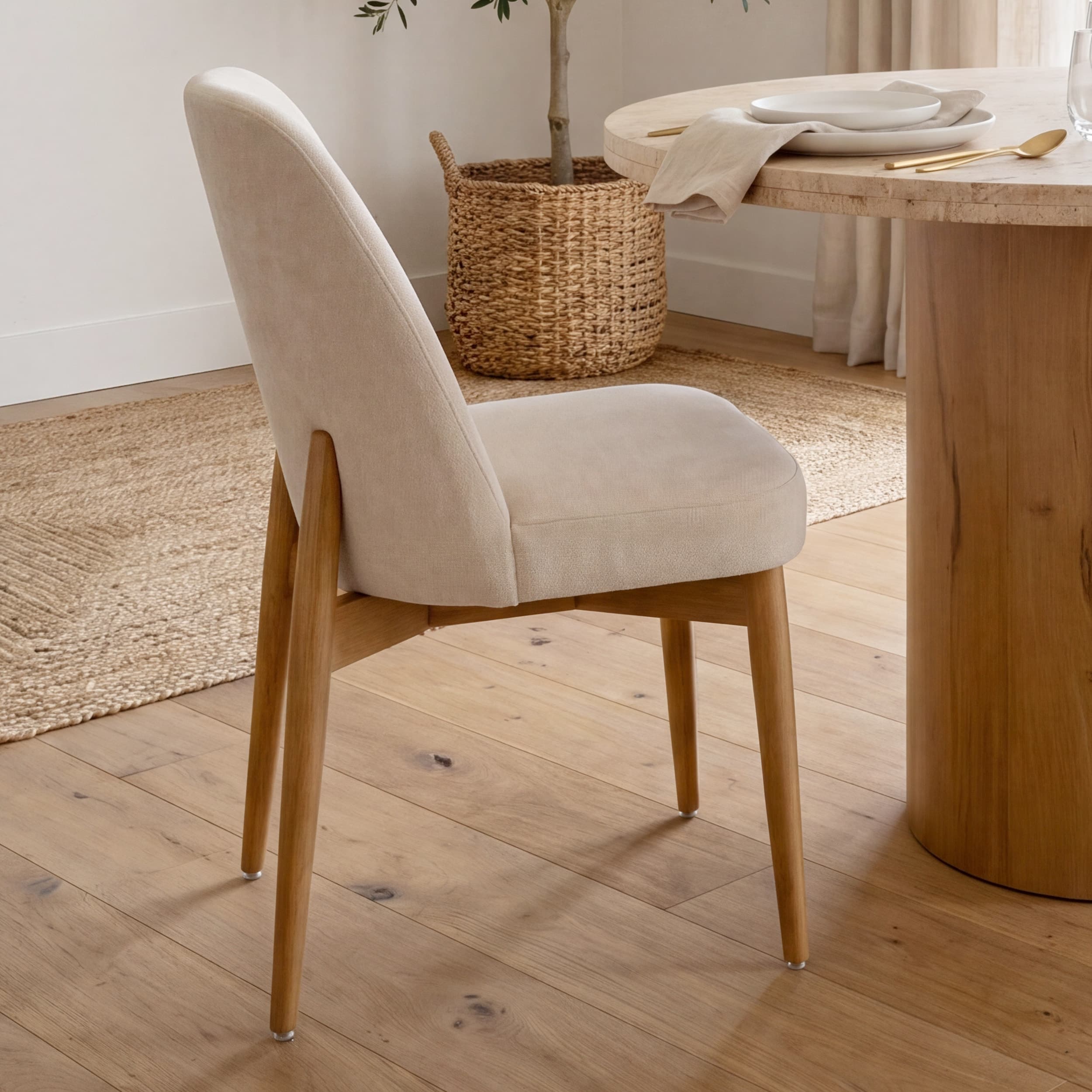 Abbie Curved Back Dining Side Chair | Oatmeal Fabric w/ Brown Wood — product photograph