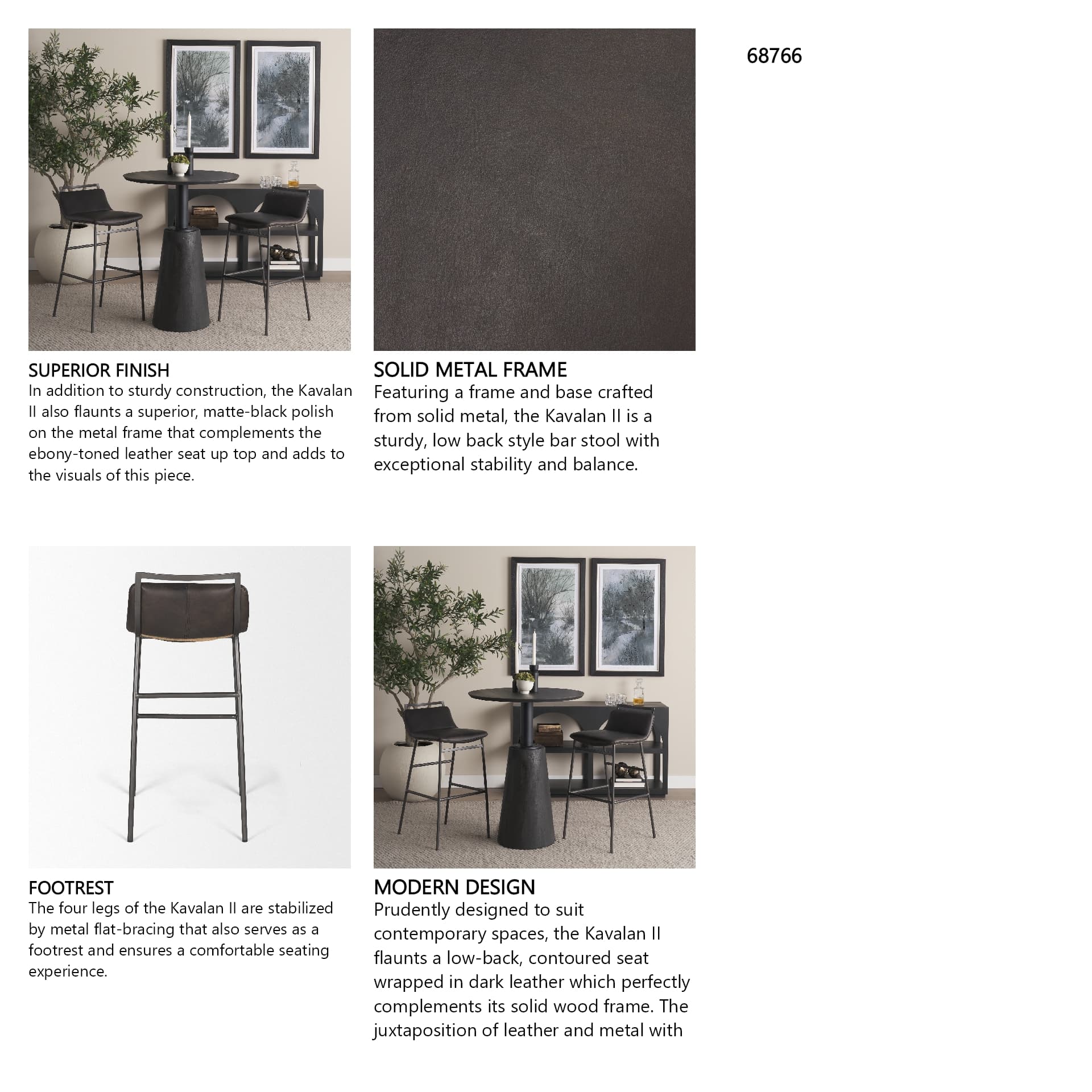 Kavalan Low Back 37.5in Seat Bar Stool | Ebony Leather w/ Black Metal — product photograph
