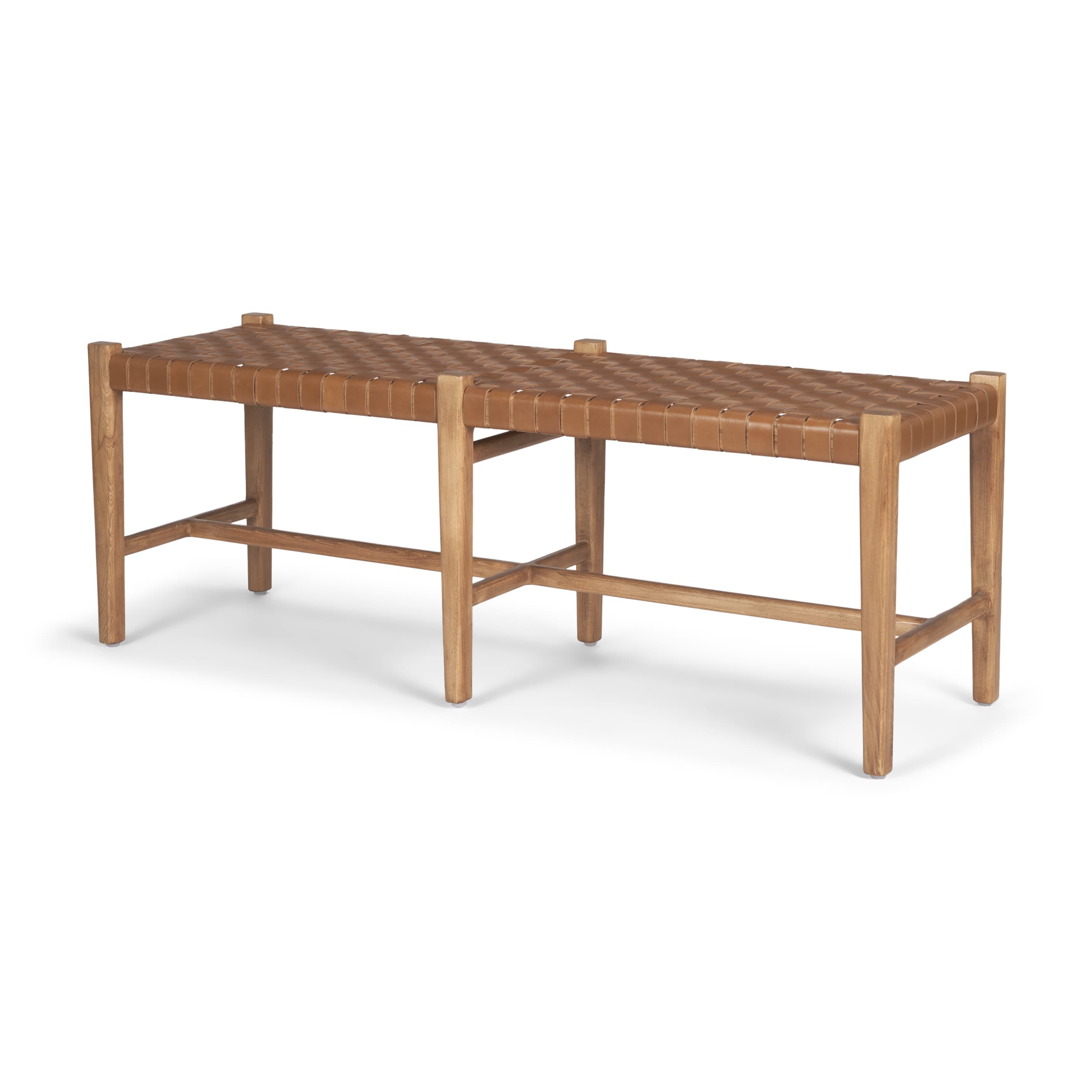 Shane Brown Wood w/ Woven Brown Leather Bench — product photograph