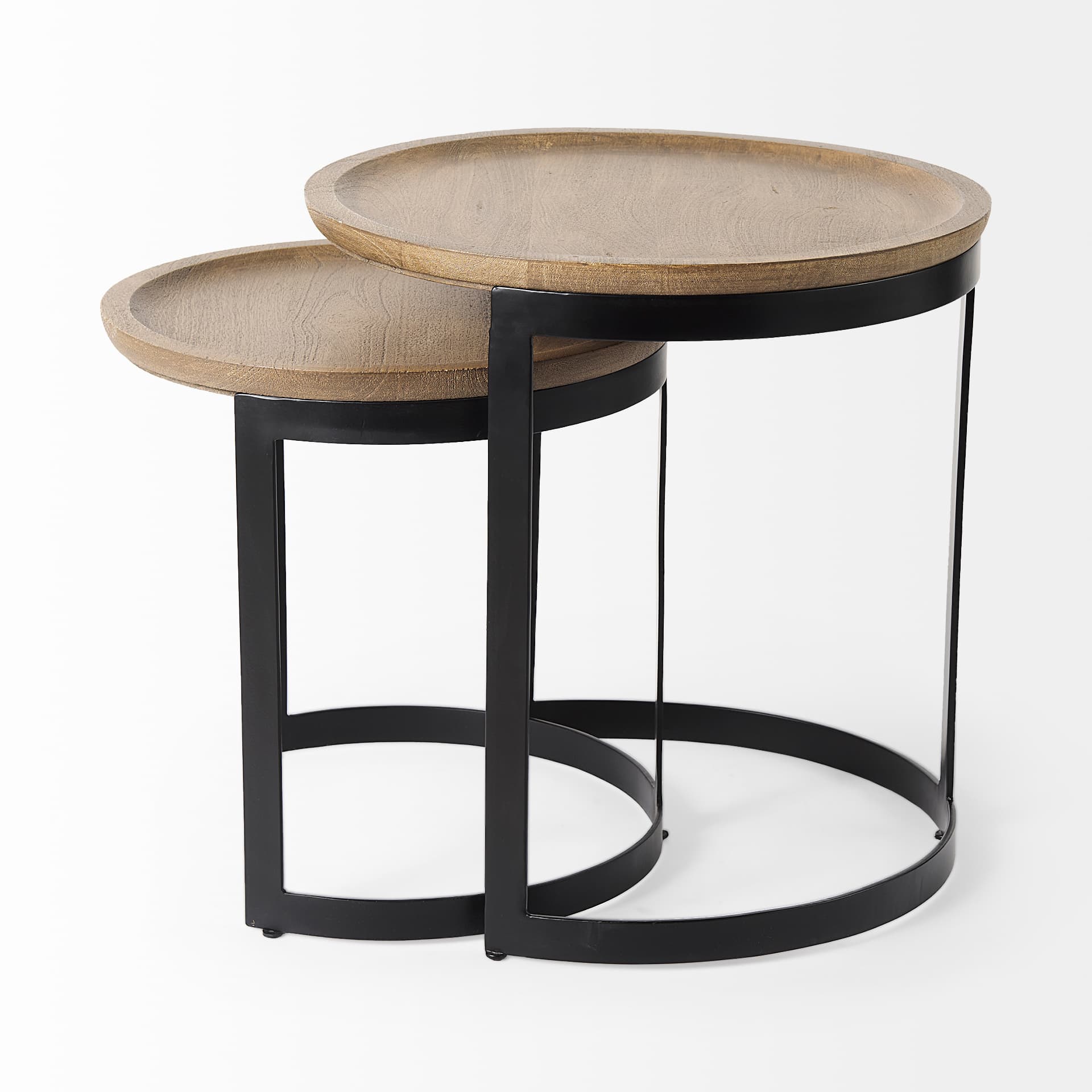 Aisley (Set of 2) 19.3L x 19.3W x 19H Light Brown Wood W/ Black Metal Base Round Nesting Side Tables — product photograph
