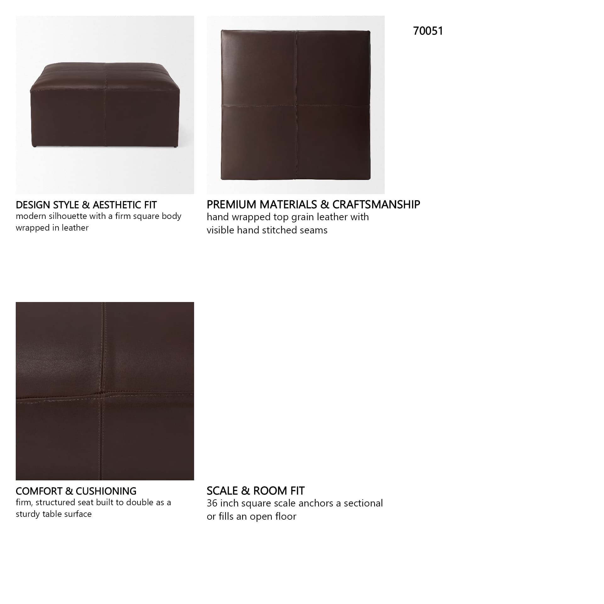Minara 36L x 36W x 16H Square Dark Brown Leather Wrapped Ottoman — in a styled room