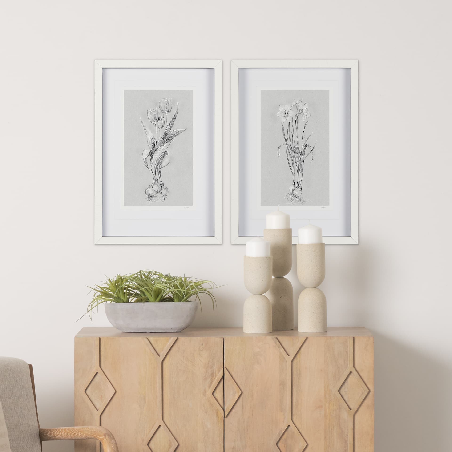 Botanical sketches II (Grey) by Mercana Studio Hand Embellished Framed Art Print Matted under Glass — in a styled room