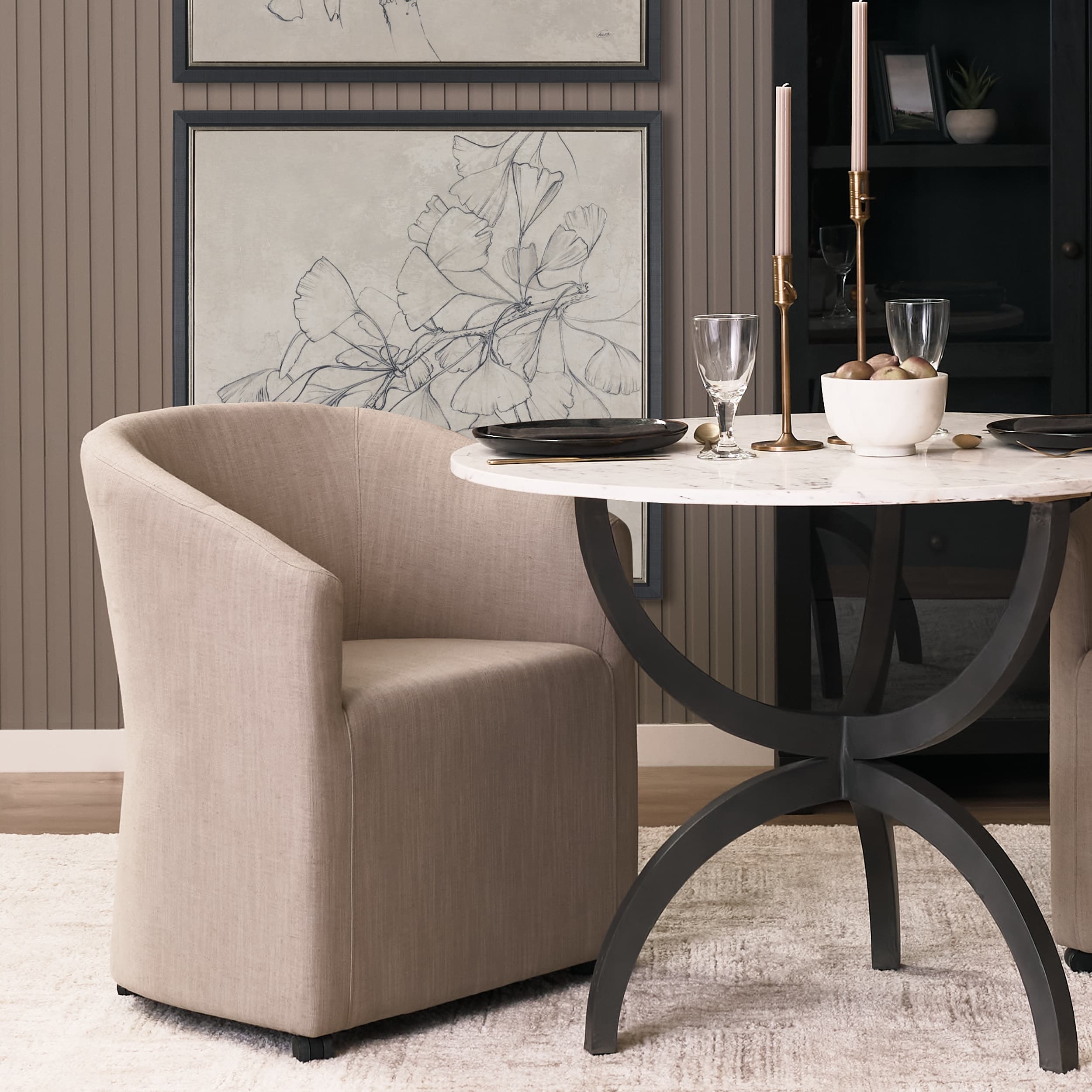 Sondra Barrel Back Dining Arm Chair | Gray Fabric w/ Wood — product photograph