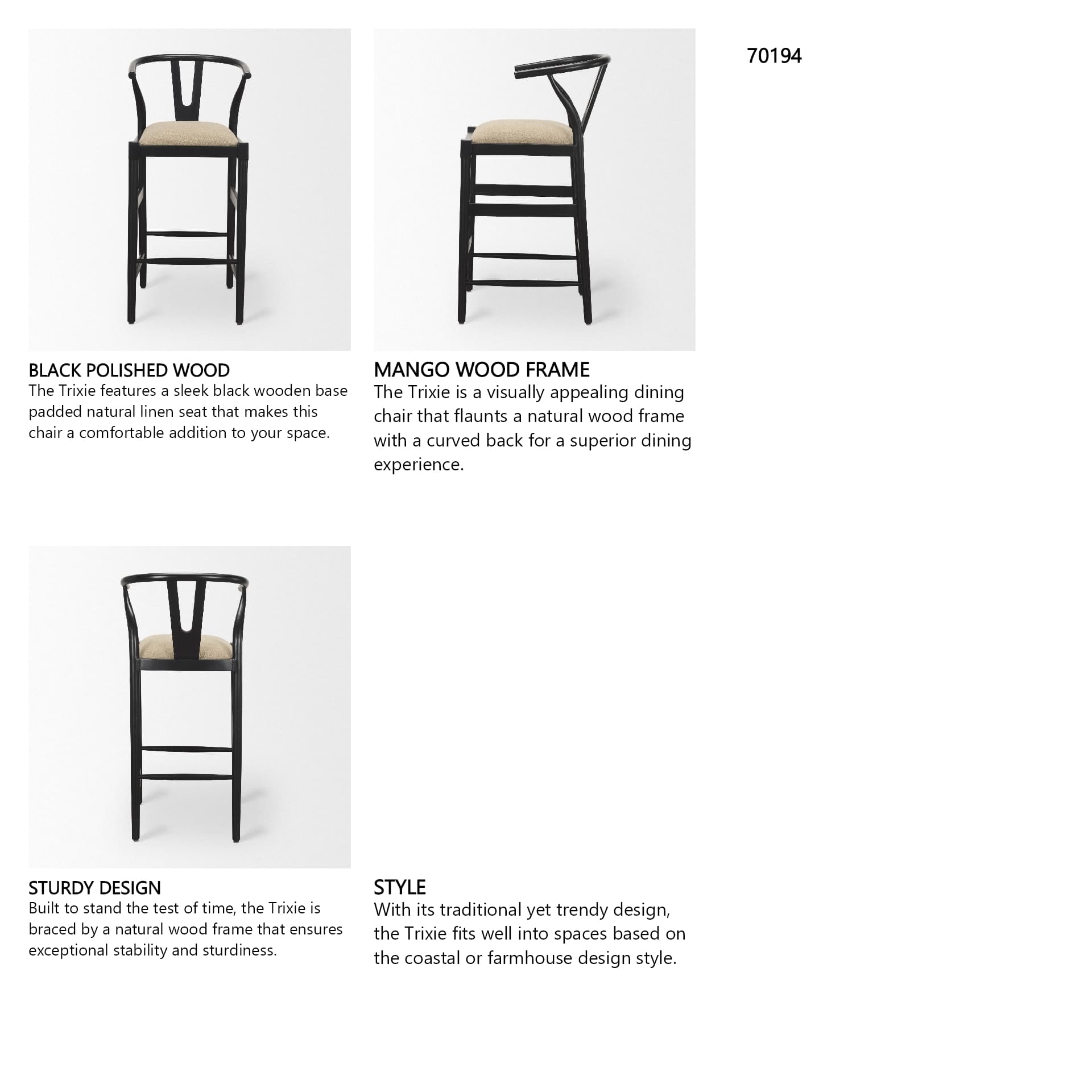 Trixie Backless 43.3in Seat Bar Stool | Beige Fabric w/ Black Wood — product photograph