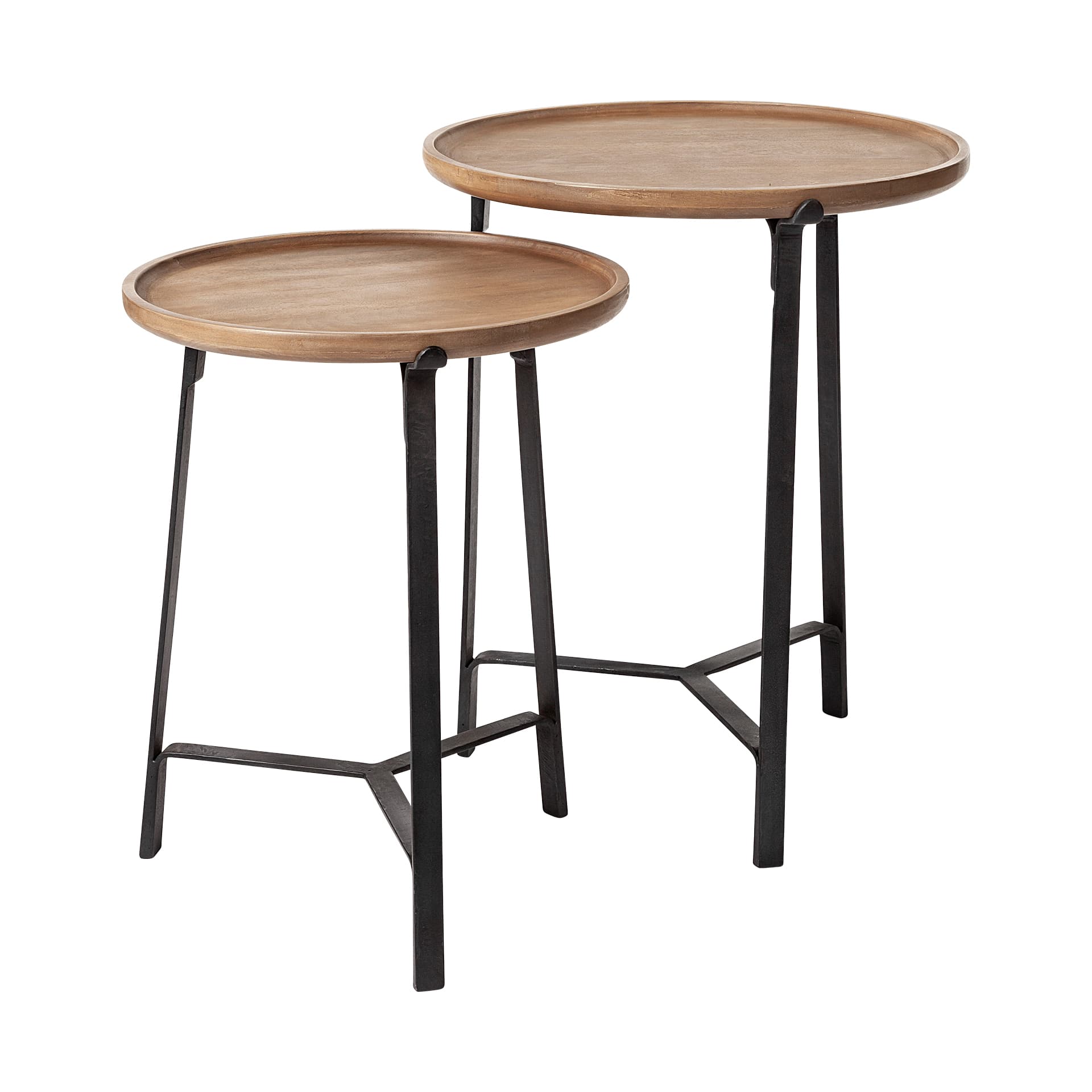 Helios III 20L x 24H Set of Two Round Brown Solid Wood Iron Base Nesting End/Side Tables — product photograph