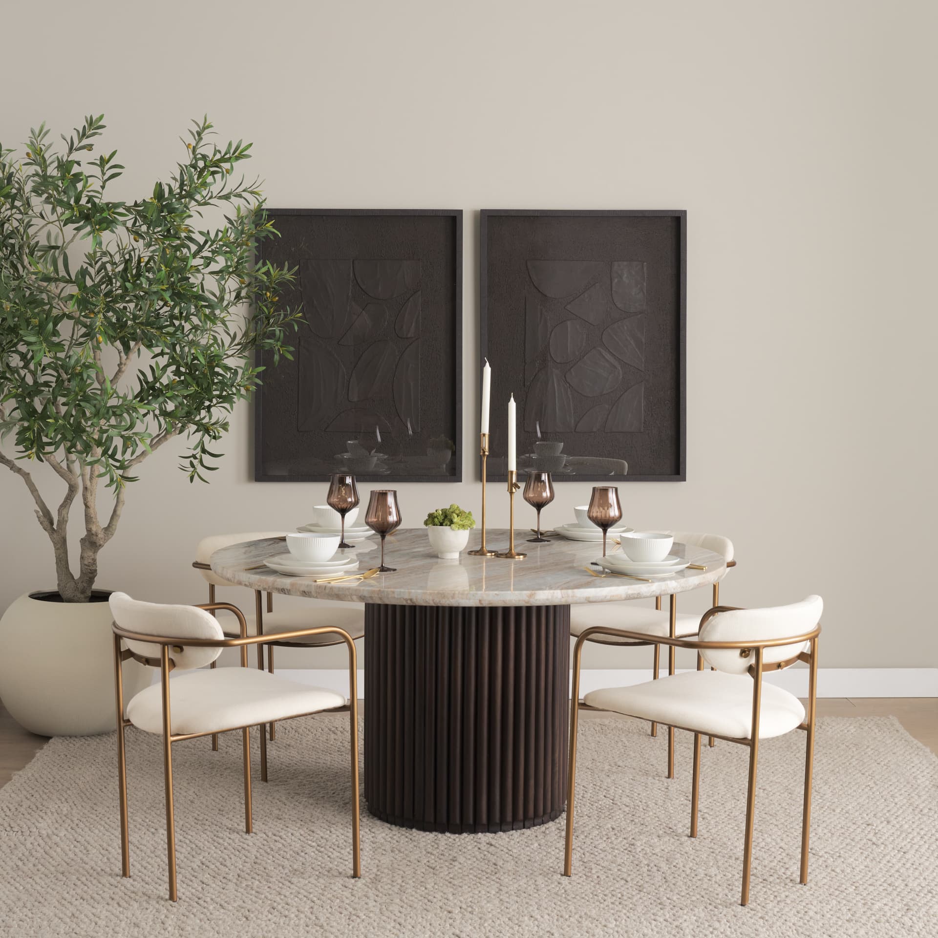 Parker Curved Back Dining Arm Chair | Cream Fabric w/ Gold Metal — product photograph