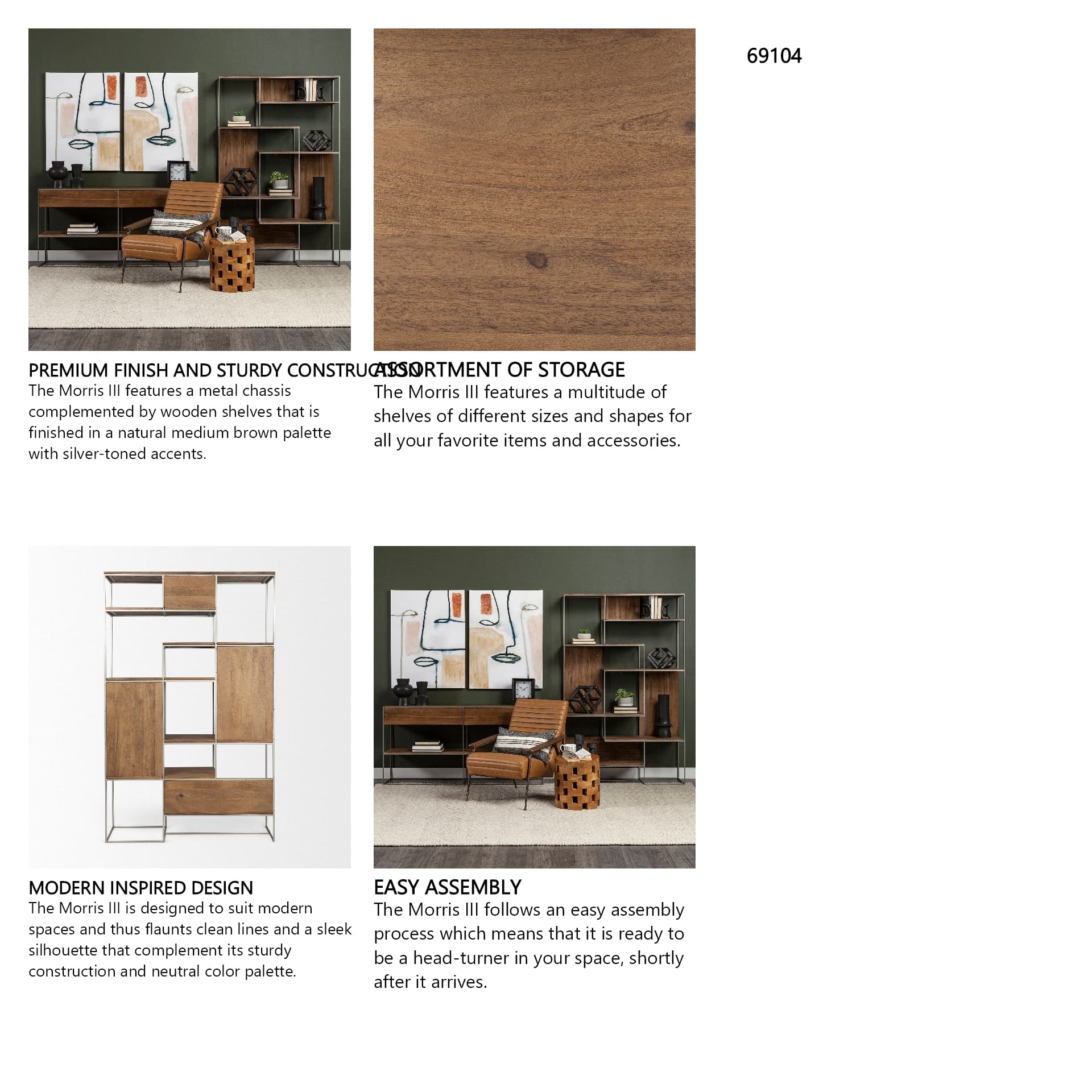 Morris III 47.25 X 15 X 75.5 Brown Wood and Silver Metal Frame 6 Shelf Shelving Unit — in a styled room