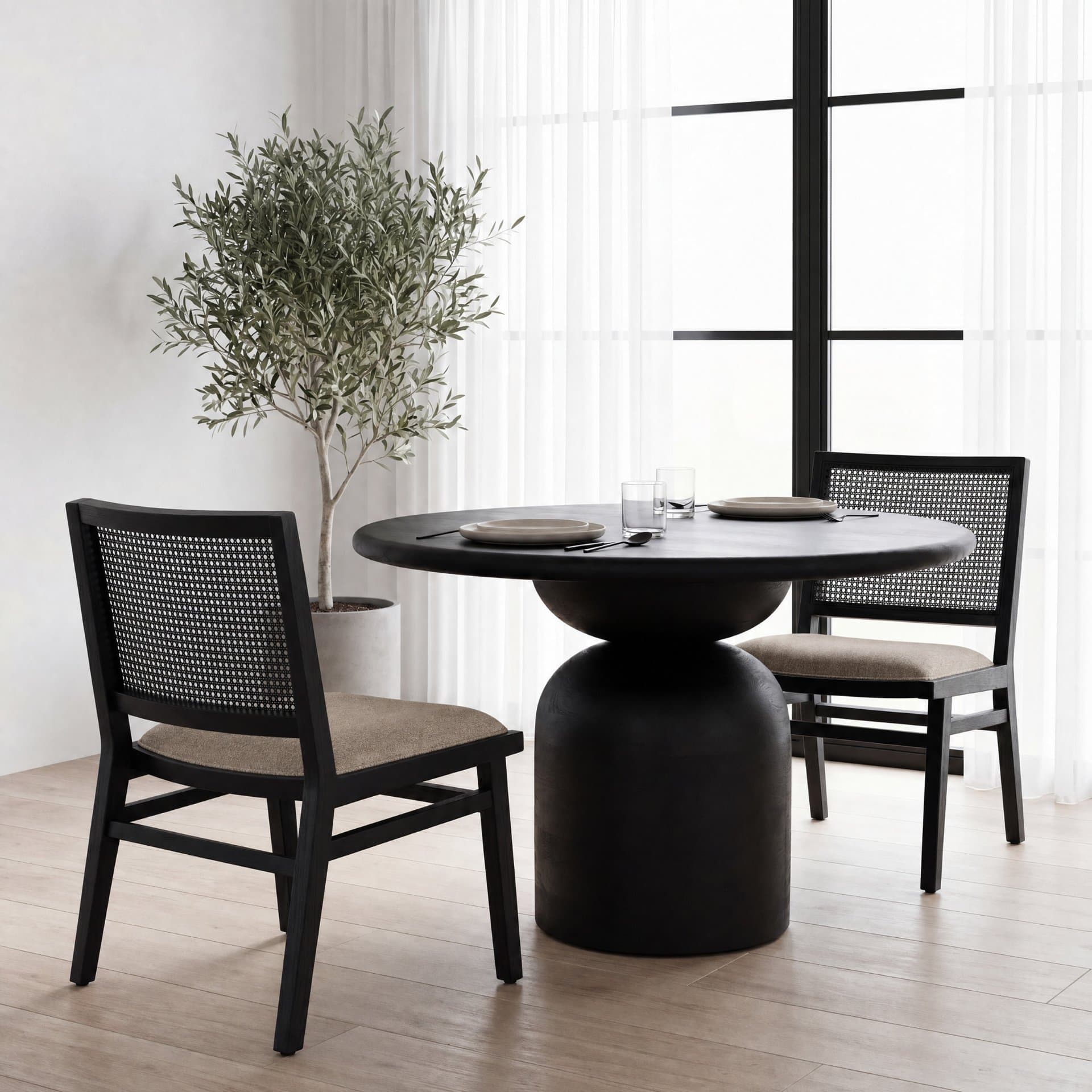 Wynn Cane Back Dining Side Chair | Beige Fabric w/ Black Wood — product photograph